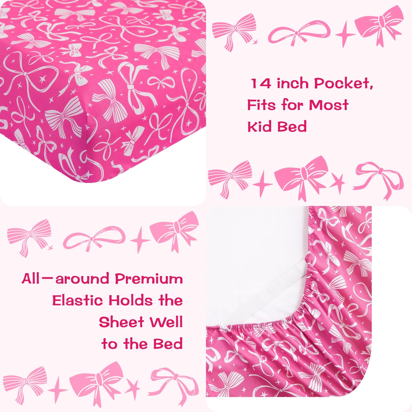 lasoftan Kids Sheet Set Twin Size, Twin Sheet Set with Pink Bow Pattern，Breathable Silky Soft Microfiber Kids Fitted Sheet