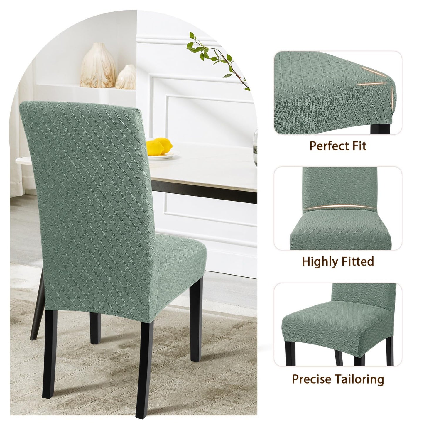SearchI Dining Room Chair Covers Set of 4, Stretch Jacquard Parsons Chair Slipcovers Removable Washable Kitchen Chair Protector Cover for Dining Room, Hotel, Ceremony (Sage Green Rhombus)
