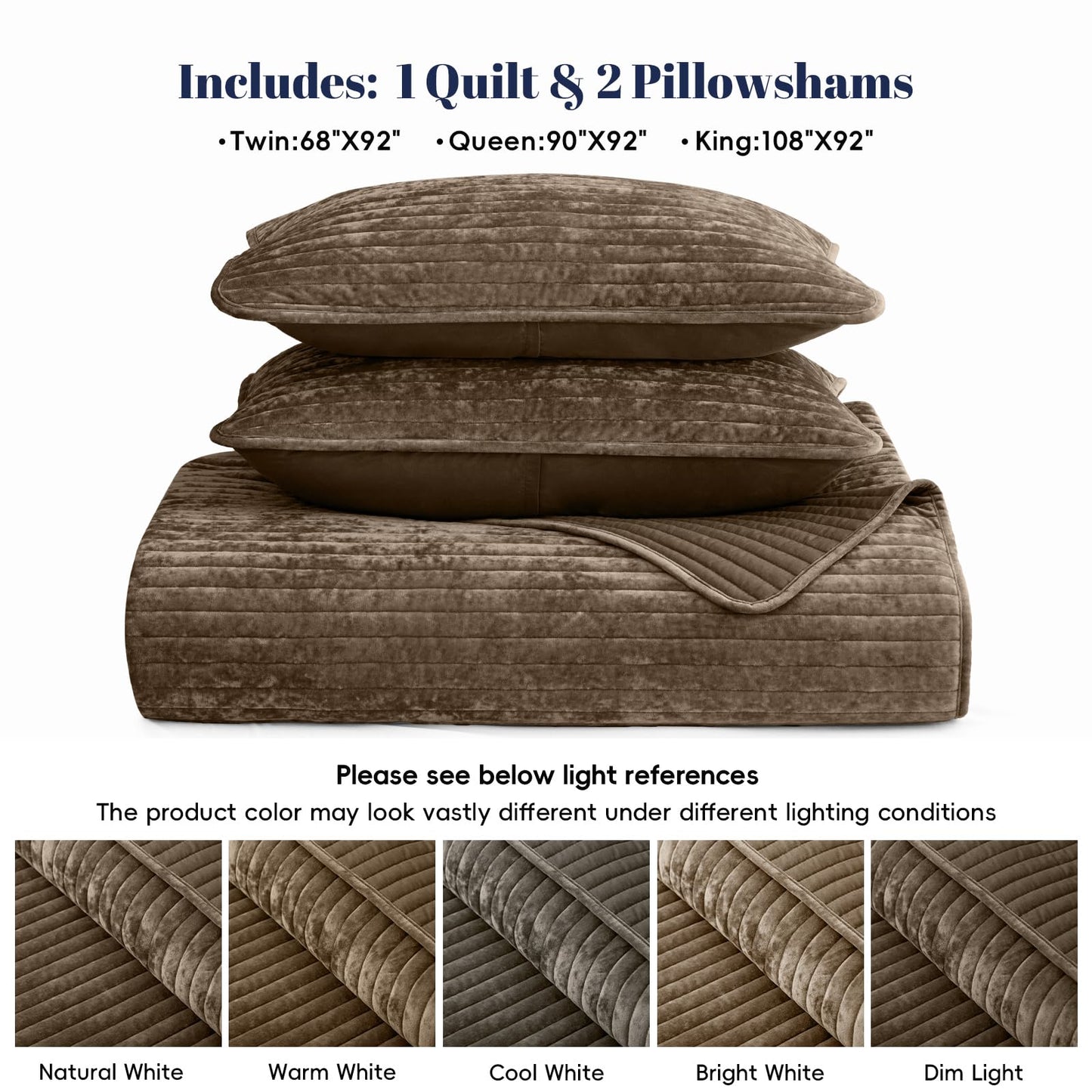 PHF Luxury Velvet Quilt Set Queen Size – 3PCS Ultra Soft Quilted Comforter Alternative with Striped Channel, Cozy Quilted Bedspread, 1 Coverlet with 2 Matching Shams, 90" x 92", Cub
