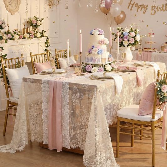 QueenDream Ivory Lace Tablecloth Rectangular 5 Pieces 60x120 Inch Wedding Table Cloth Vintage Embroidered Lace Fabric for Summer Outdoor Tea Party Reception Dinner Home Decor