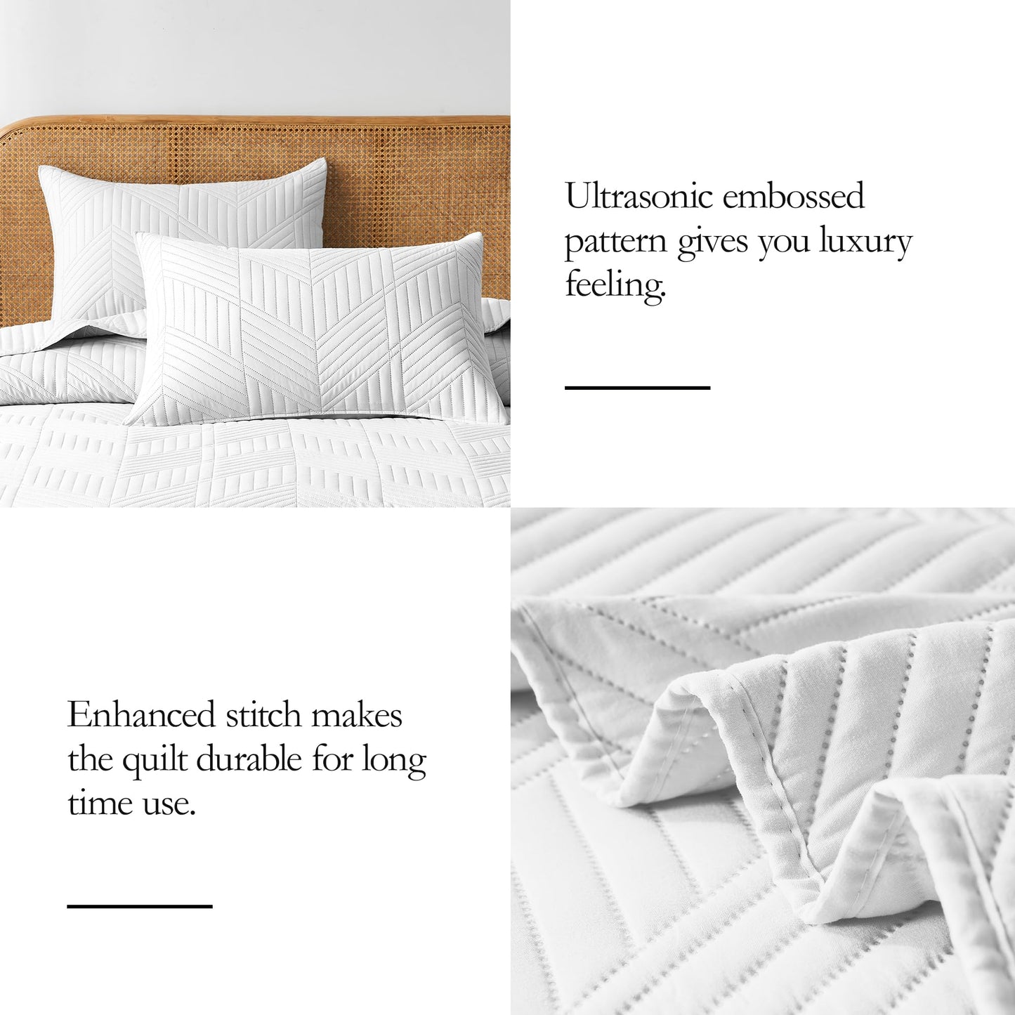 Davulos Queen Quilt Bedding Set,White Ultrasonic Full/Queen Quilt Set Reversible Microfiber Bedspread,Lightweight Soft Modern Geometric Coverlet Set for All Seasons(1 Quilt,2 Pillow Shams)