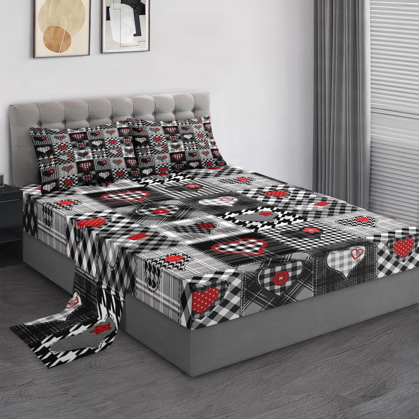 Pamnest Full Size Bed Sheet Sets, Patchwork Plaid Heart Soft Microfiber 4 Pcs Bedding Sets for Kids and Adults Bedroom Bed Decor, Buffalo Check Love Will Flat, Fitted Sheet and 2 Pillowcases