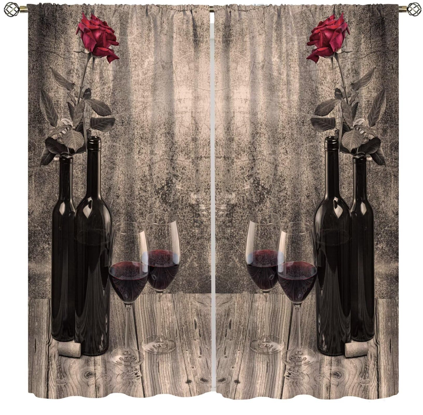 Fblifil Farmhouse Wine Curtains Rustic Retro Rose Wooden Board Printed Rod Pocket Window Drapes for Living Room Bedroom Kitchen Cafe Bar Decor 42" W X 45" L