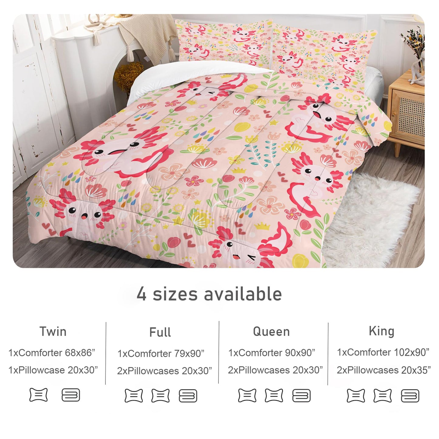 EDGZKO Axolotl Comforter Set Full Size Pink Floral Axolotl Bedding Sets for Kids Girls Teens Bedroom Cute Cartoon Flowers Bed Set 1 Comforter & 2 Pillowcases