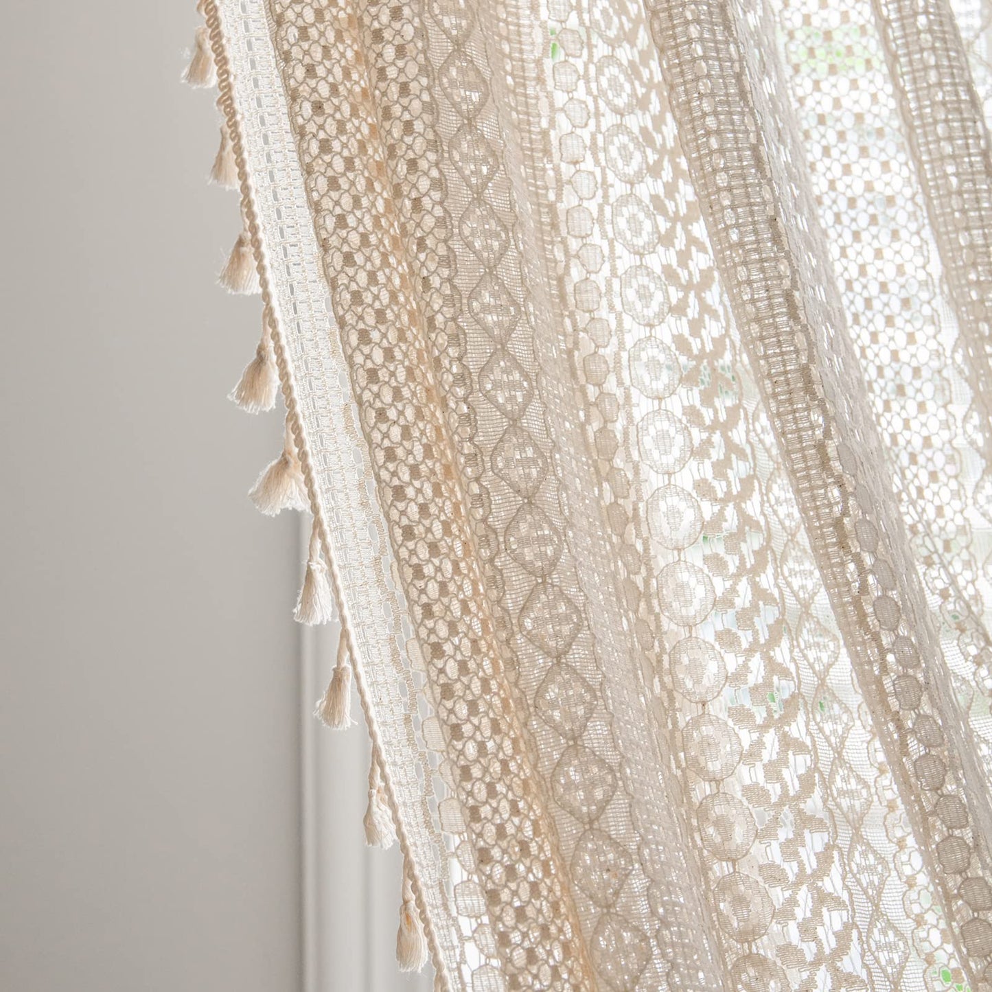 Sutuo Home Boho Curtains Crochet Lace Semi-Sheer Bohemian Hollow Knitted Handmade Tassels, Rod Pocket Window Treatment Vintage Rustic Farmhouse Drapes for Living Bedroom, 1 Panel 59" W x 63" L, Beige