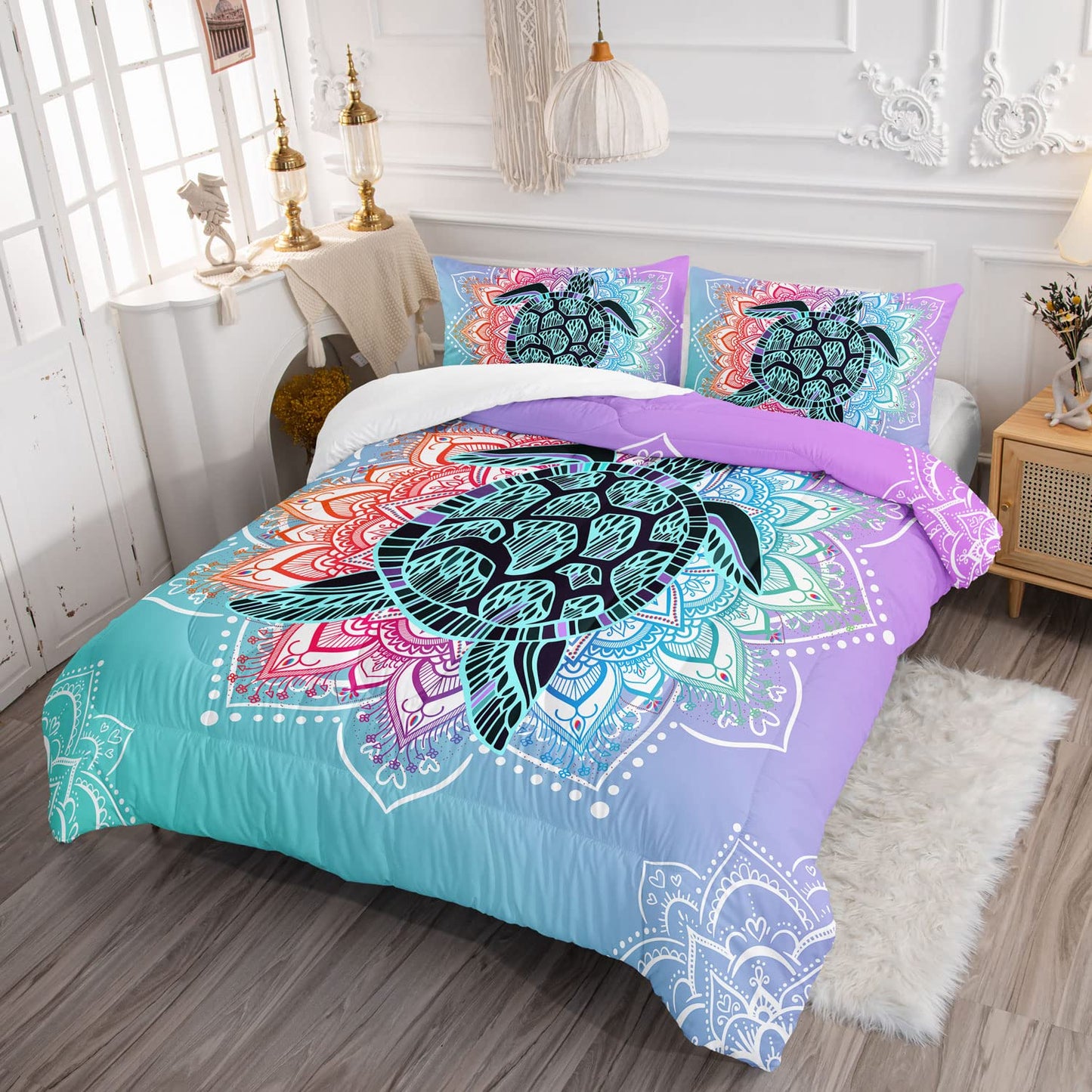 HOSIMA Sea Turtle Bedding,Coastal Beach Themed Comforter Set Twin Size for Kids Teen Girls Boys Room Decor,Mandala Turtle Comforter Bed Set Twin Size with 2 Pillowcases.