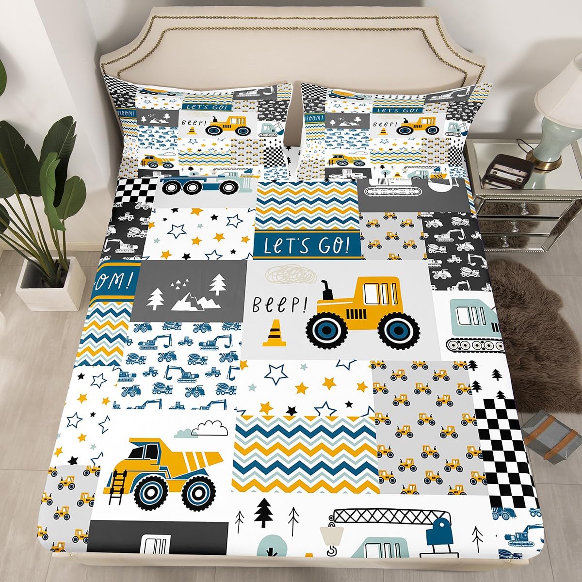 Cartoon Cars Kids Fitted Sheet Full Size,Construction Vehicle Trucks Tractor Bedding Set,Boys Room Decor,Geometric Plaids Excavator Star Stripe Bed Cover,Chic Bed Sheet,2 Pillowcases