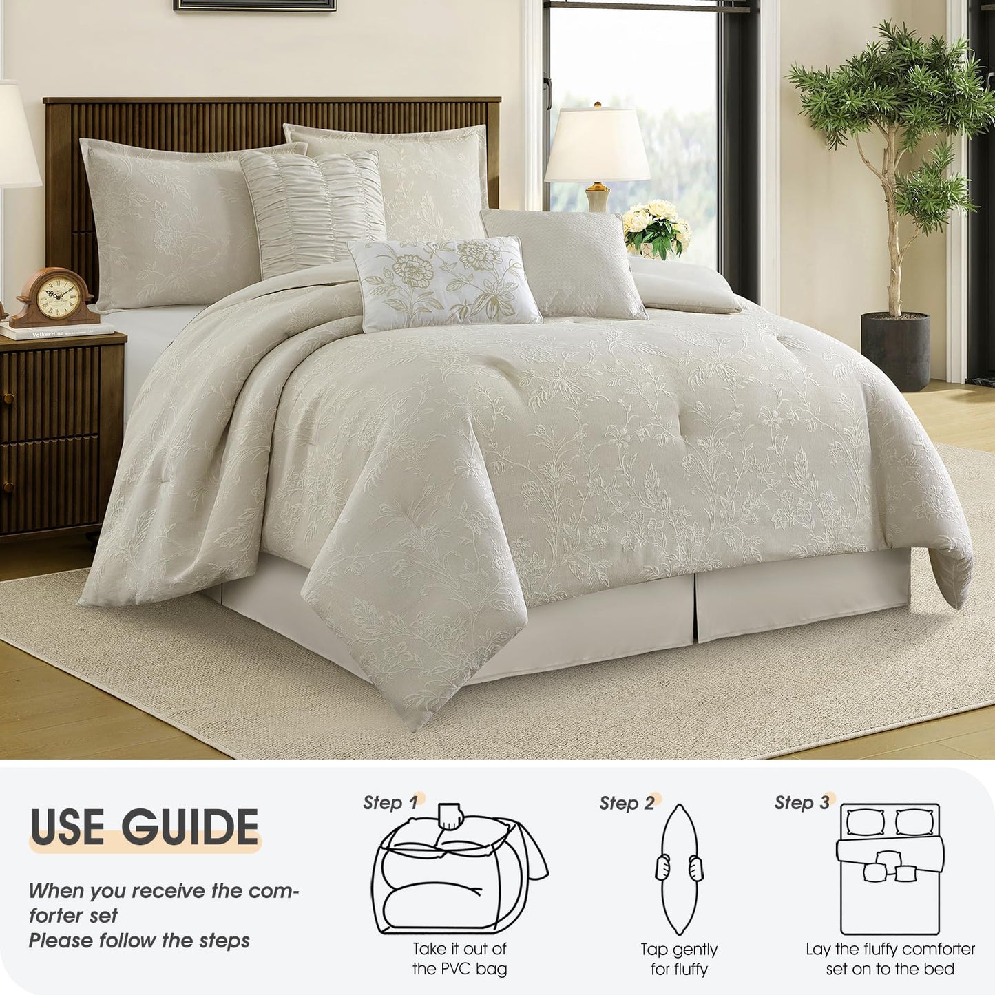 LANCO MODERN LIFESTYLE 7 Piece Beige Comforter Set, Queen, Cotton Fabric Jacquard Patchwork Floral, Year-Round Comfort Bed in a Bag with Bed Skirt, Shams & Decorative Pillows