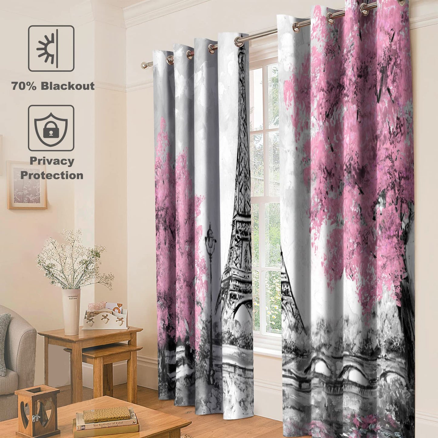 Jekeno Paris Eiffel Tower Blackout Curtains European City Scenery Pink Tree Black White Street Lights Print Decor Bedroom Living Room Darkening Grommet Window Drapes 2 Panel Set, 52"x 84"