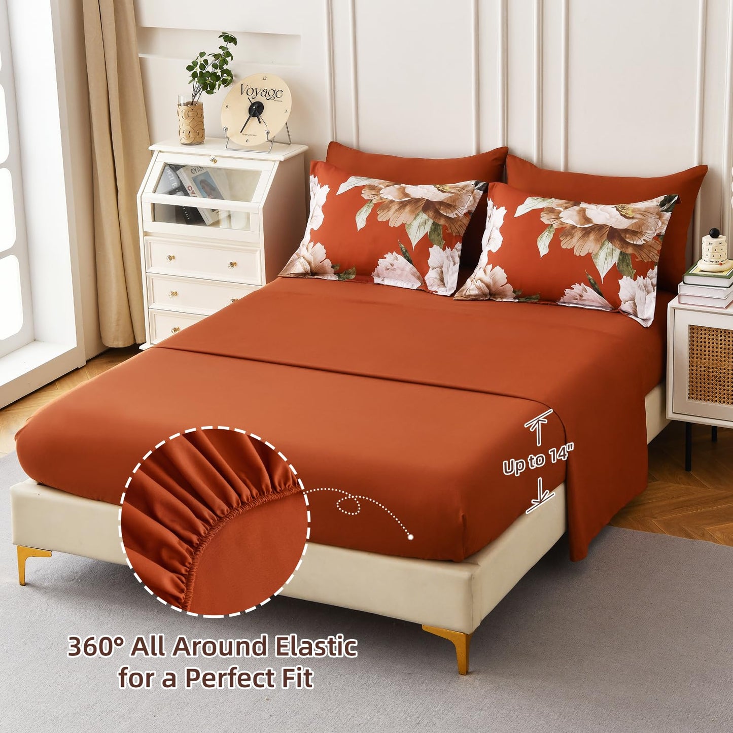 Dobuyly Burnt Orange Comforter Set Queen 7 Piece Bed in a Bag, Floral Printed on Terracotta Comforter Set with Sheets, Soft Microfiber Botanical Fall Bedding Set for All Season