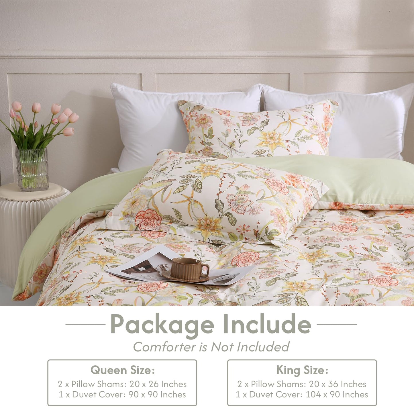 LONAVA Queen Floral 3 Pcs Duvet Cover Set, Breathable Soft Microfiber Glass Green Lining Comforter Cover with Zipper Closure, and 2 Anti-Pilling, Fade Resistant Pillowcases, Fall Floral