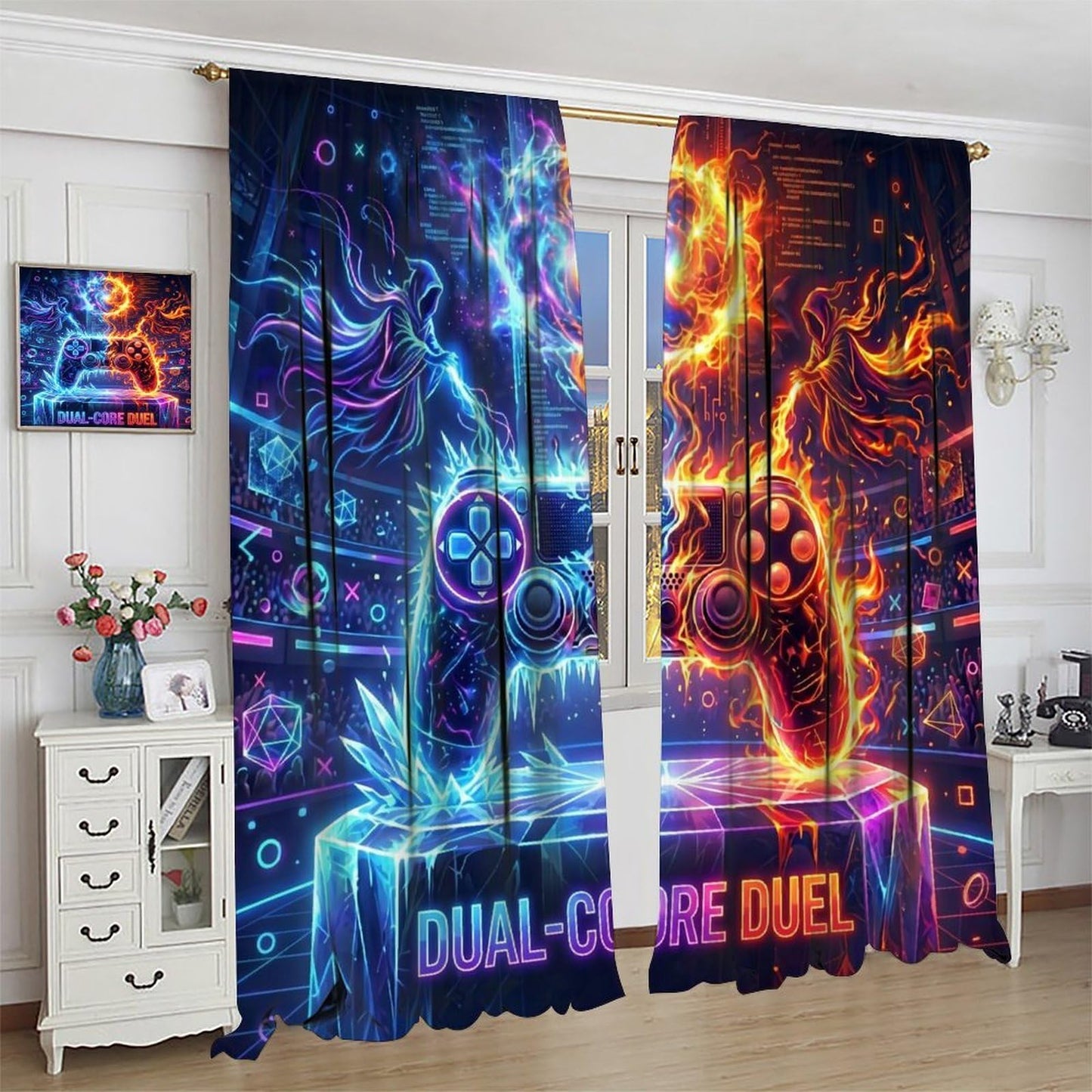 VUMIVI Gaming Curtains Cool Ice Fire Game Controller Cyberpunk Neon Dual-Core Duel Rod Pocket Window Treatments for Boys Bedroom Gamer Room Apartment Dorms Cafe 42" W X 44.5" L