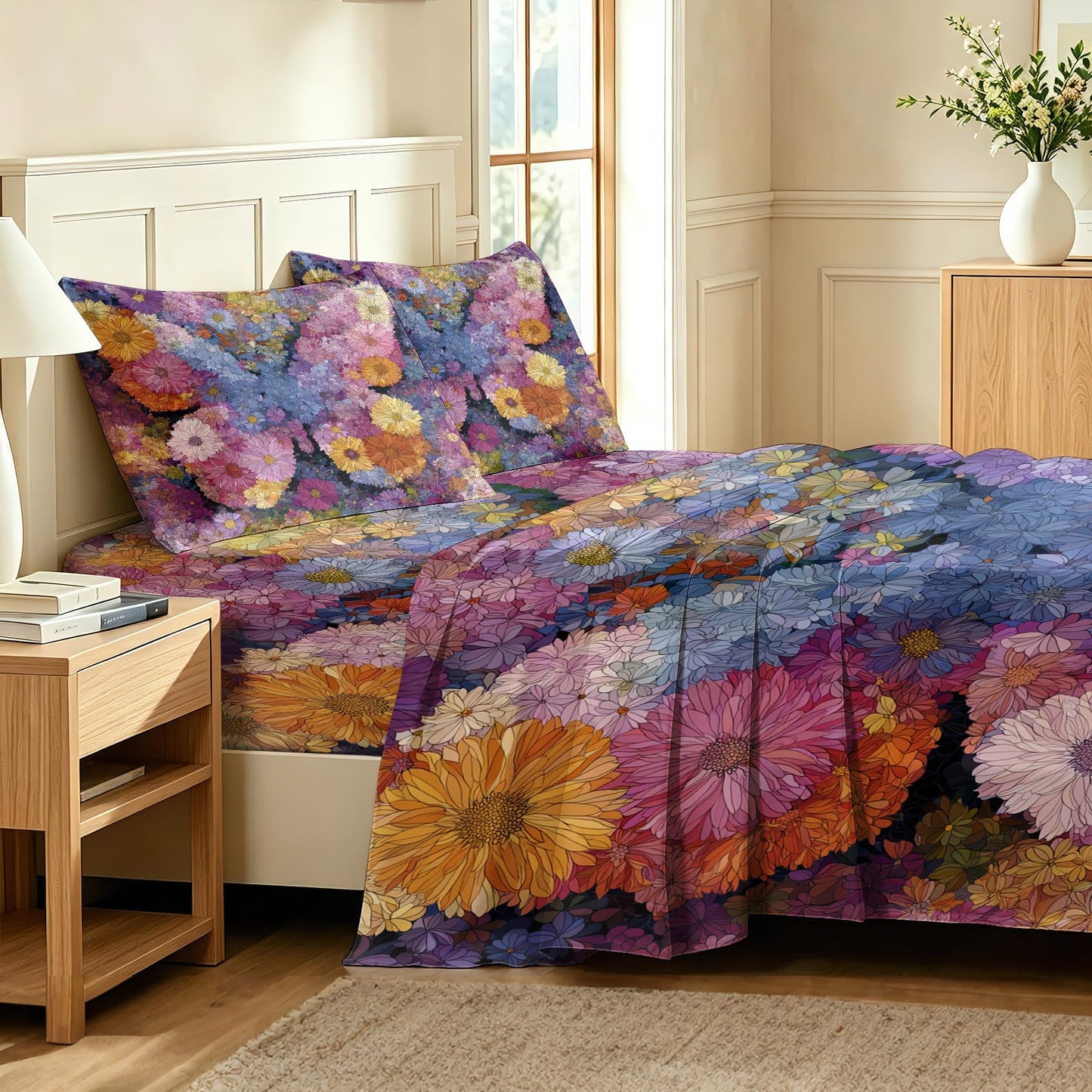 Daisy Flower Full Bedding Set Girls Colorful Floral Sheet Sets