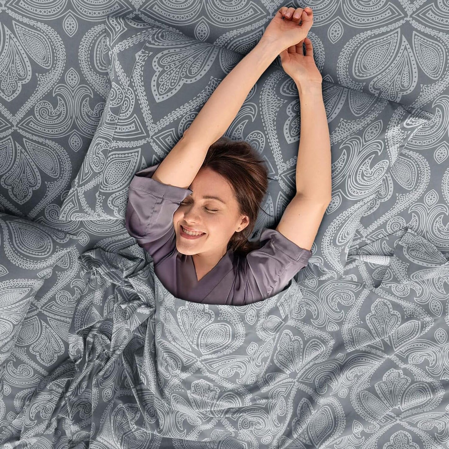 Ultra Soft Wrinkle-Free Microfiber Paisley Twin Sheet Set, Cute Floral Pattern Boho Print – 16" Deep Pocket Fitted Sheet, Flat Sheet & 2 Pillowcases, Breathable, OEKO-TEX - Grey
