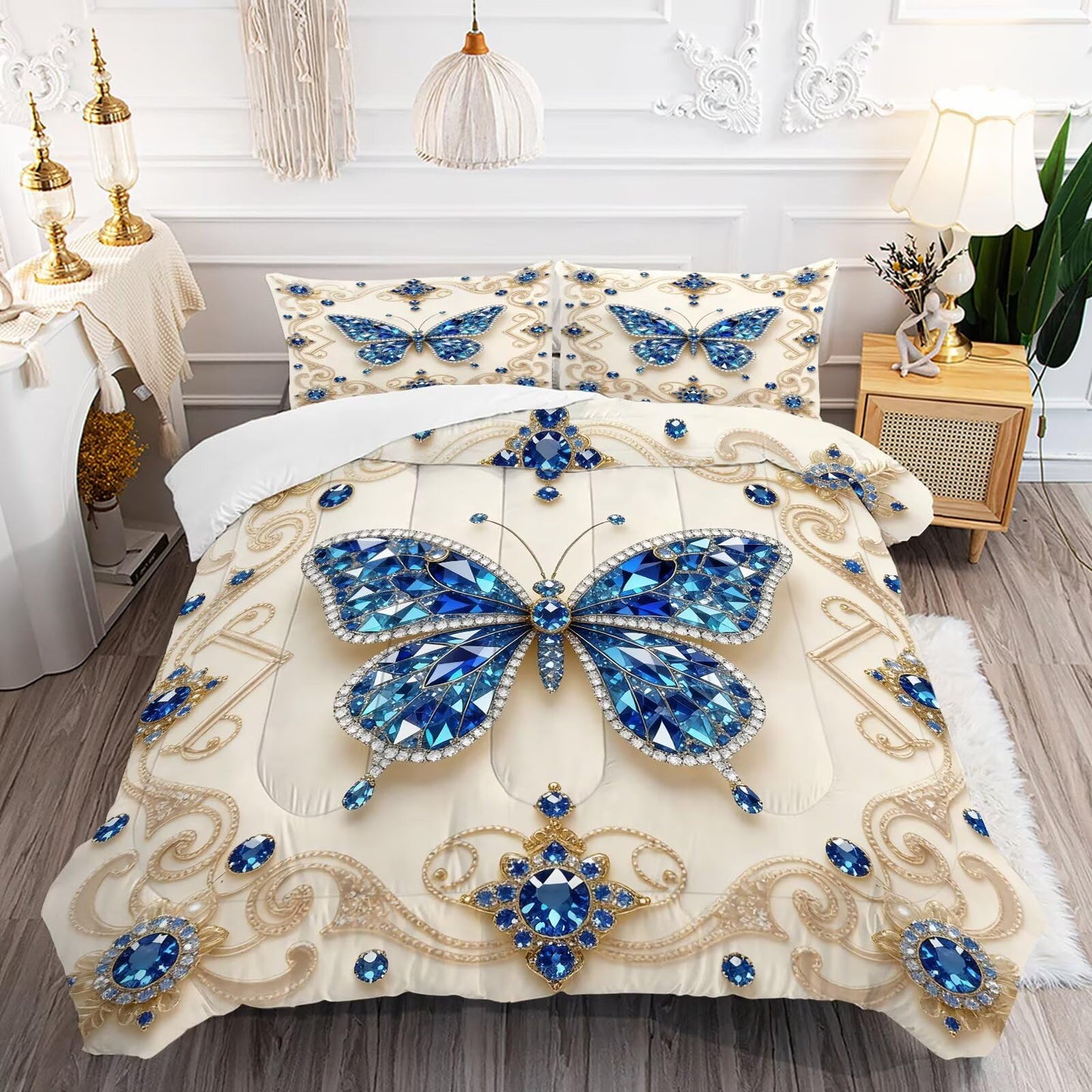 DJNEAR Butterfly Comforter Set Twin Size Blue Gold Bedding Sets for Girls Kids Teen Women Bedroom Diamond Butterflies Printed Quilt Room Decor 1 Comforter 1 Pillowcase
