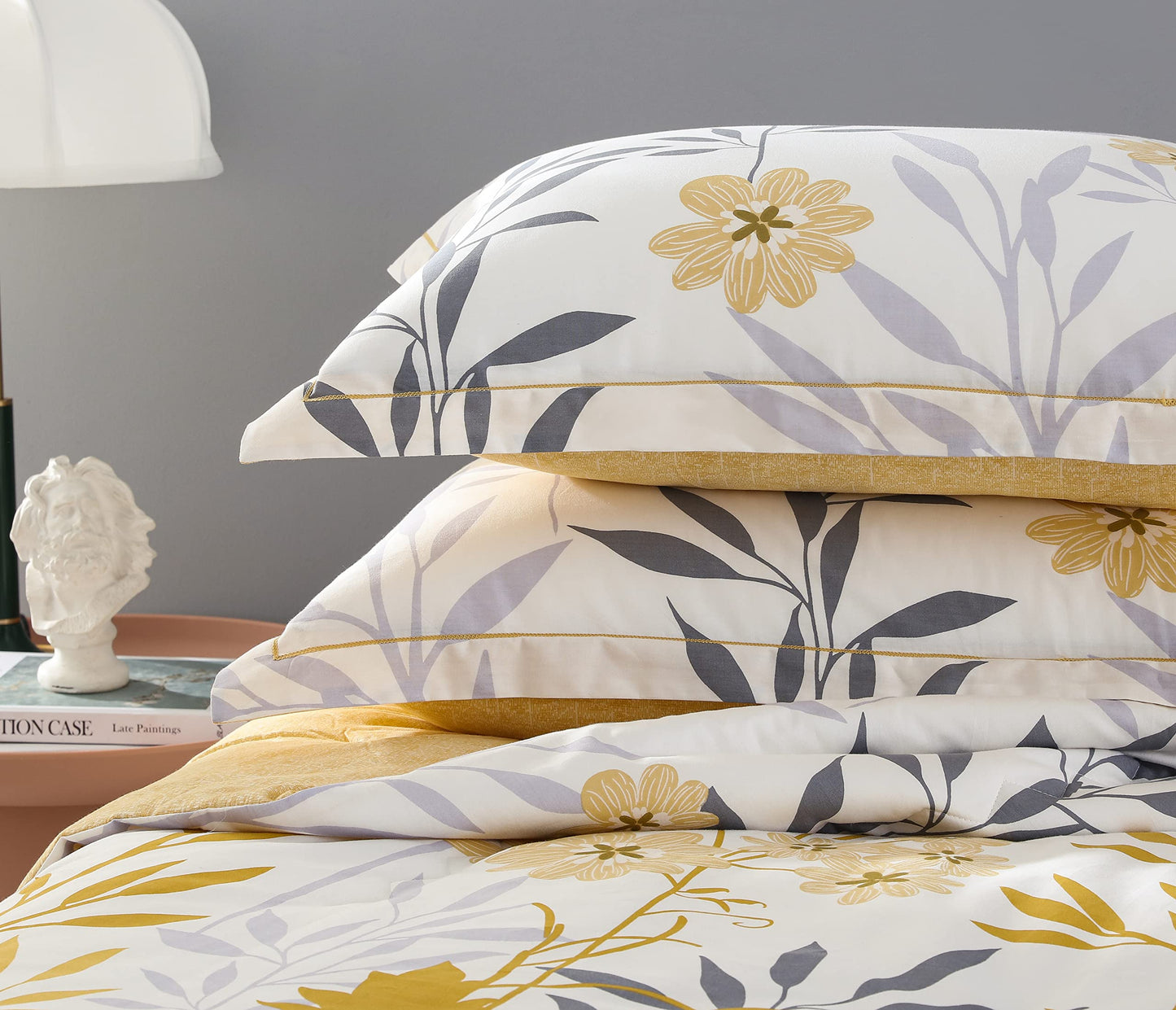 SLEEPBELLA Comforter King Size, 600 Thread Count Cotton Grey Branch with Yellow Flower & Grey Leaves Pattern Orange Reversible Comforter Set,Down Alternative Bedding Set 3Pcs(King, Yellow Botanical)