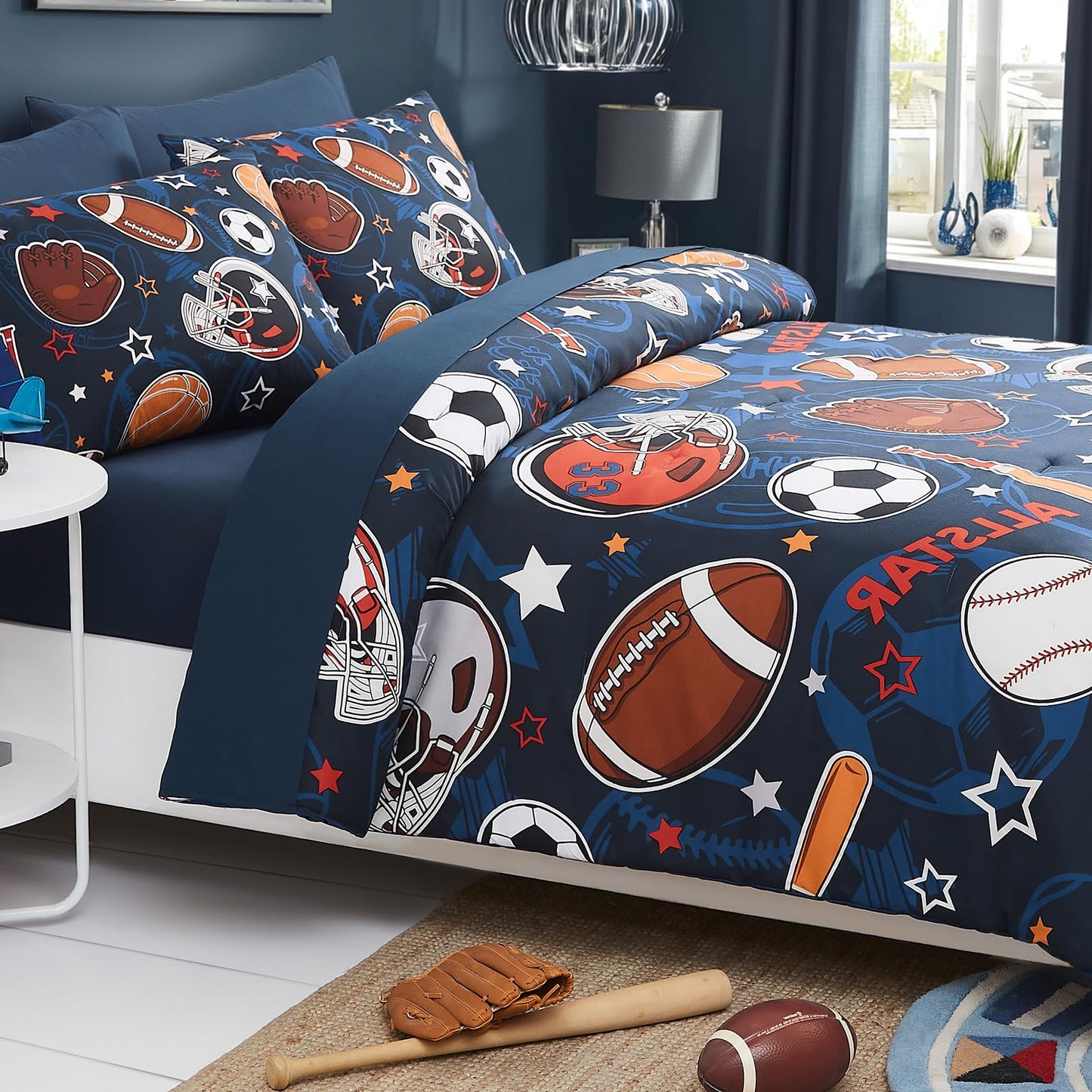 Wink Deer Full Size Comforter Set for Boys-7 Pieces Sports Ball Games Glow in the Dark Full Bedding Sets for Kids, Ultra Soft Bed in A Bag with Sheets