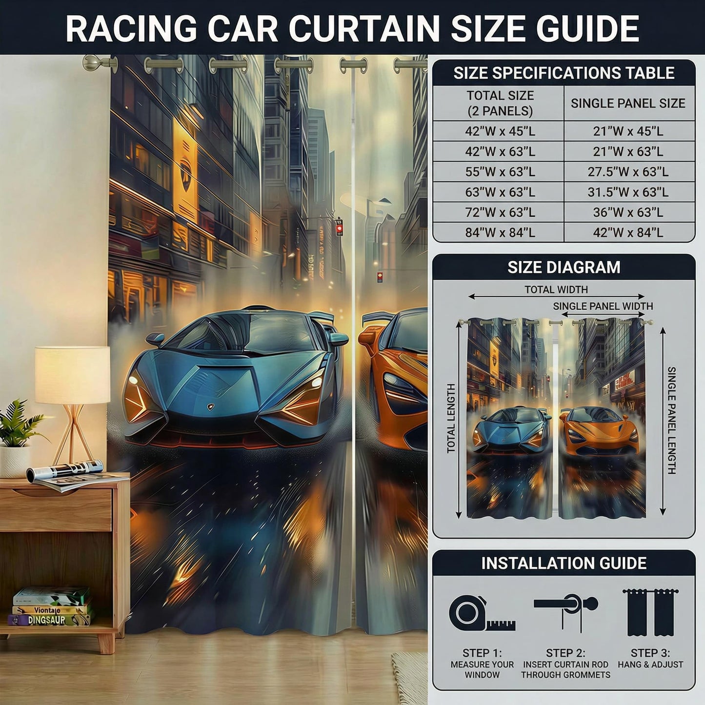 terxgrl Race Car Blackout Curtains for Boys Room, Racing Sports Car Window Drapes for Kids Bedroom, Blue Orange Supercar Darkening Curtains for Teen Gamer Room, 42 x 45 Inch