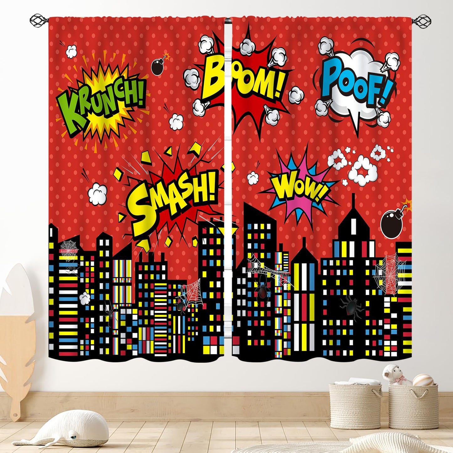 Superhero City Curtains for Boys Kids Teens, Red Spider Web Cityscape Buildings Cartoon Comic Blackout Window Curtains for Baby Room Bedroom Living Nursery 2 Panel Sets, 42"x45" Inch