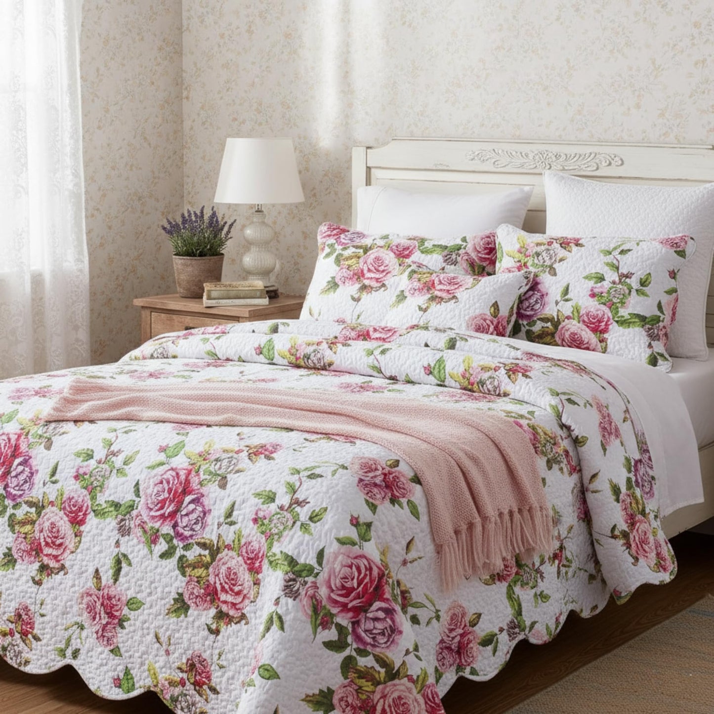 DaDa Bedding Romantic Roses Floral Bedspread Set - Lovely Spring Pink & White Scalloped Colorful Lightweight Breathable - Bright Vibrant Quilted Coverlet w/Pillow Shams - Cal King - 3-Pieces