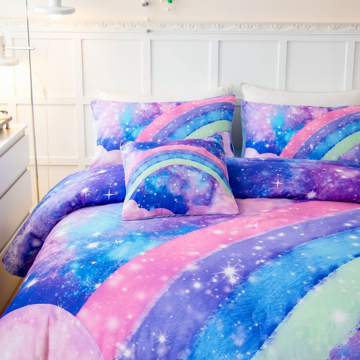 ANGIYUIN Rainbow Full Size Bedding Comforter Set for Girls Gradient Glitter Comforter Set 3D Tie Dye Blue Bedding Sets 6Pcs Soft Lightweight Girl Bed in A Bag for All Season