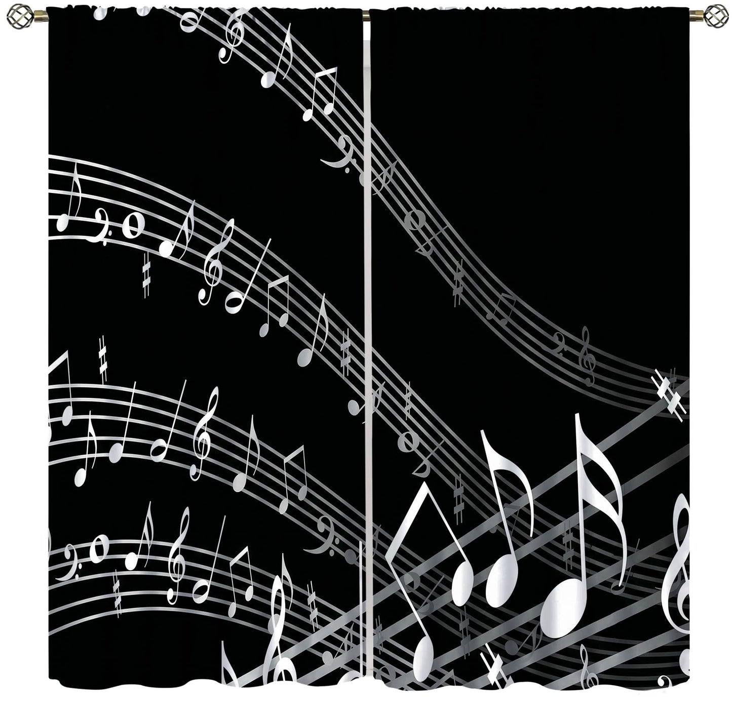 VUMIVI Music Theme Curtains Classic Black White Musical Notes Wavy Sheet Staff Rod Pocket Window Treatments for Bedroom Kitchen Music Classroom Dorms Cafe 42" W X 44.5" L