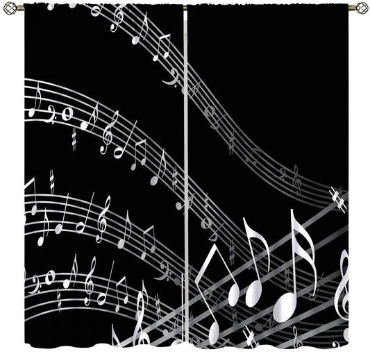 VUMIVI Music Theme Curtains Classic Black White Musical Notes Wavy Sheet Staff Rod Pocket Window Treatments for Bedroom Kitchen Music Classroom Dorms Cafe 42" W X 44.5" L
