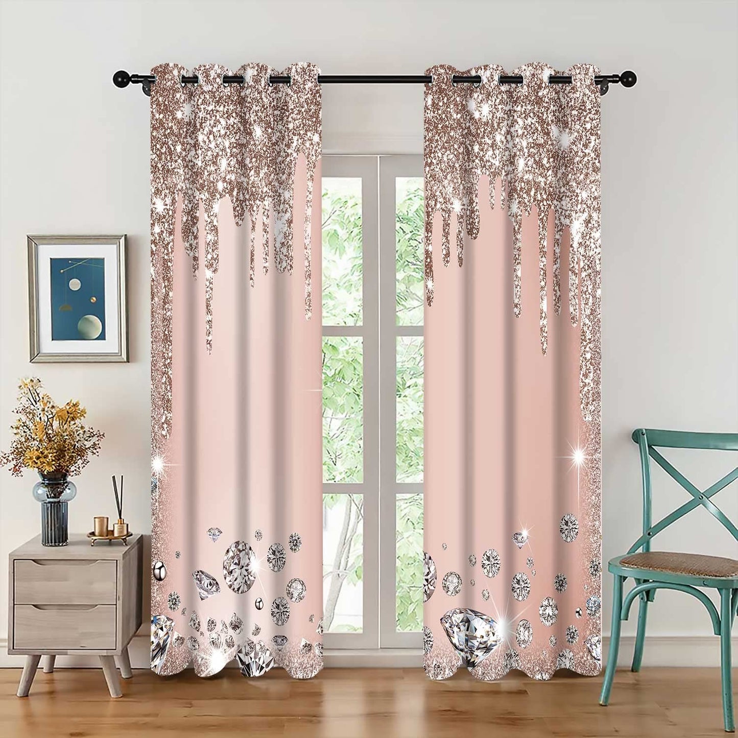 MIZSYE Light Rose Gold Shiny Diamond Print Curtains Gorgeous Drip Blackout Curtains Room Darkening (No Sequins No Sequins) Suitable for Girls Bedroom Living Room Decoration 42x84inch CLZYMS55