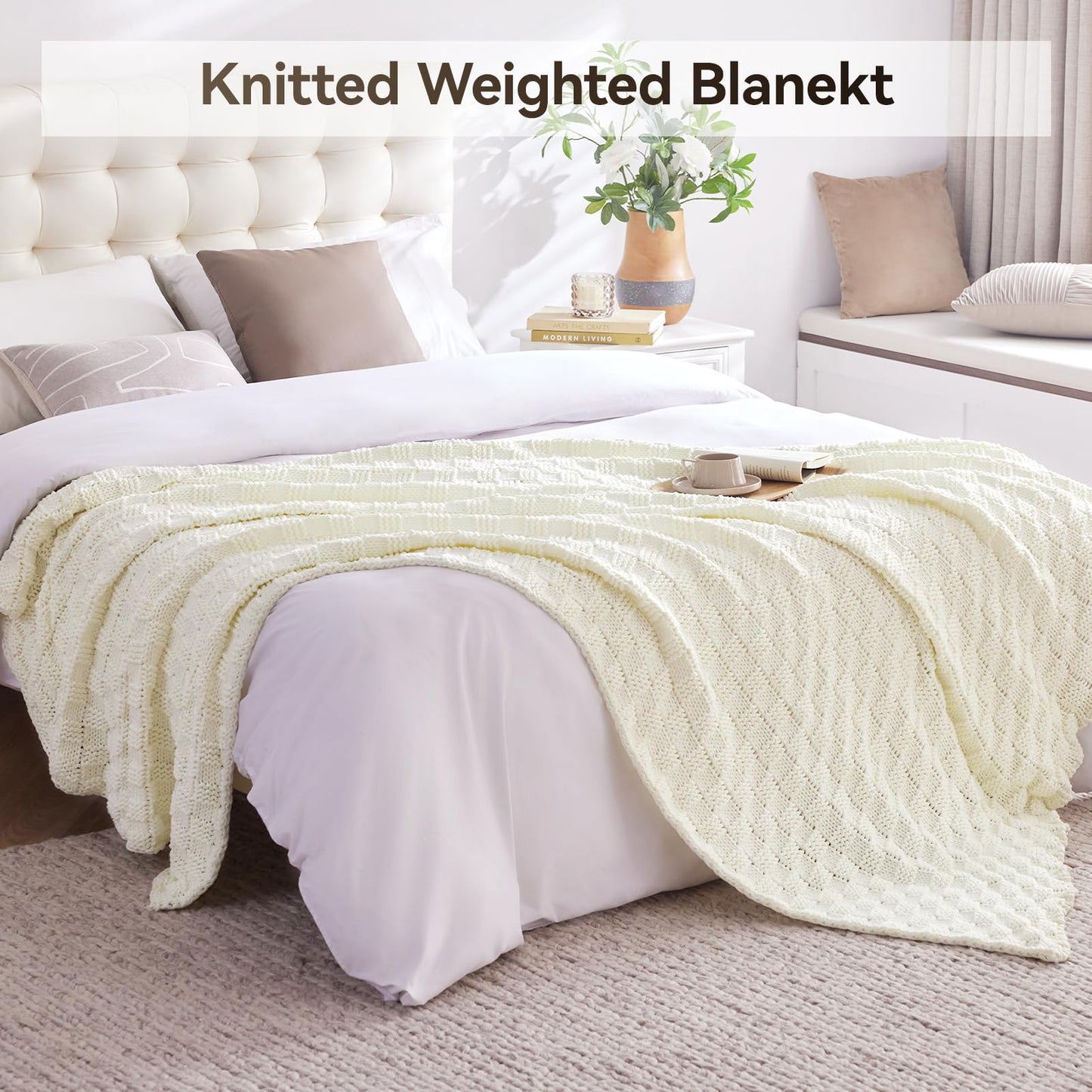Wellfeel Knitted Weighted Blanket for Adult, No Beads Heavy Blanket 48” x 72'' 12lbs, Breathable Chunky Knit Blanket, Cooling Weighted Blanket for Hot Sleepers, Christmas Home Decor (Ivory White)
