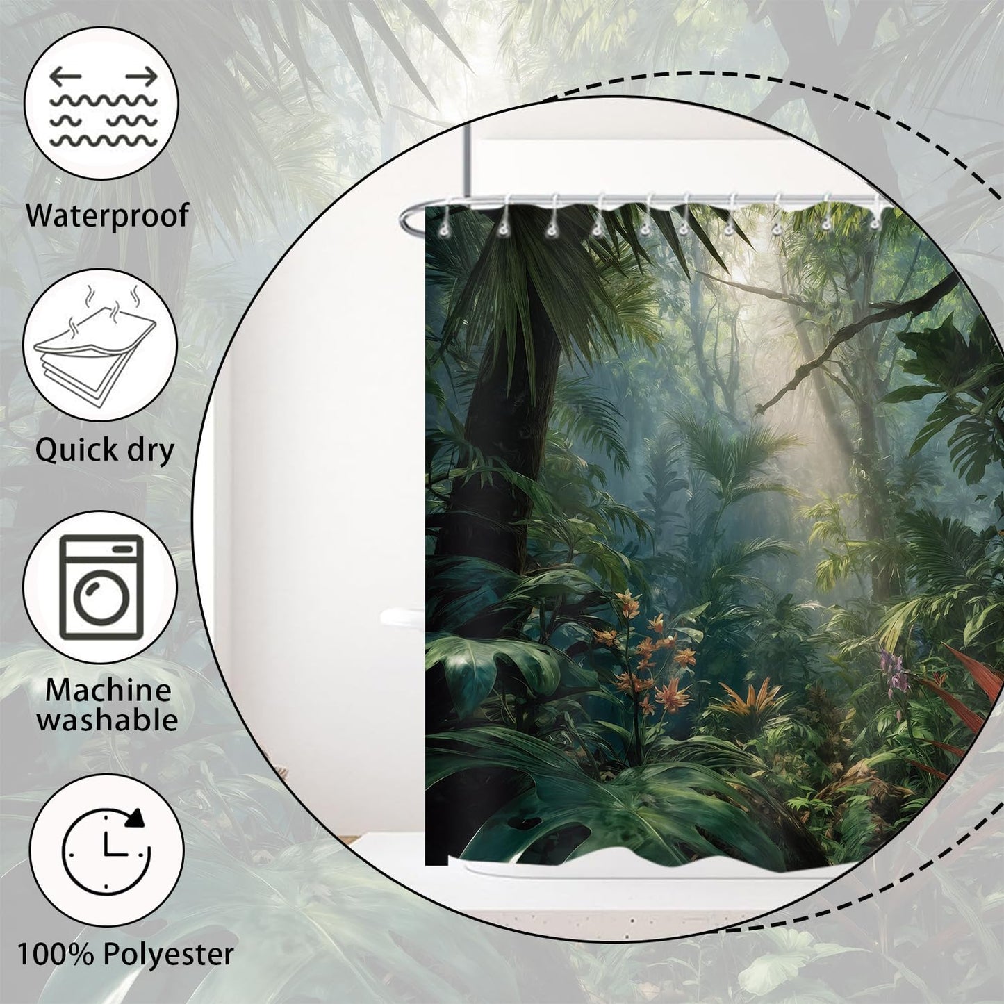 iTapnoom Jungle Shower Curtain Rainforest Green Bathroom Decor 72 x 72