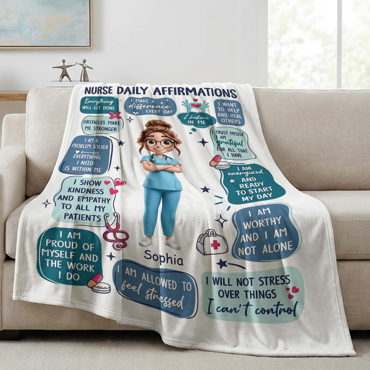 Ipplee Nurse Daily Affirmations Personalized Blanket with Custom Name, 3D Cartoon Fleece Throw for RN LPN NP Graduation, Nurses Week Appreciation Birthday for Women