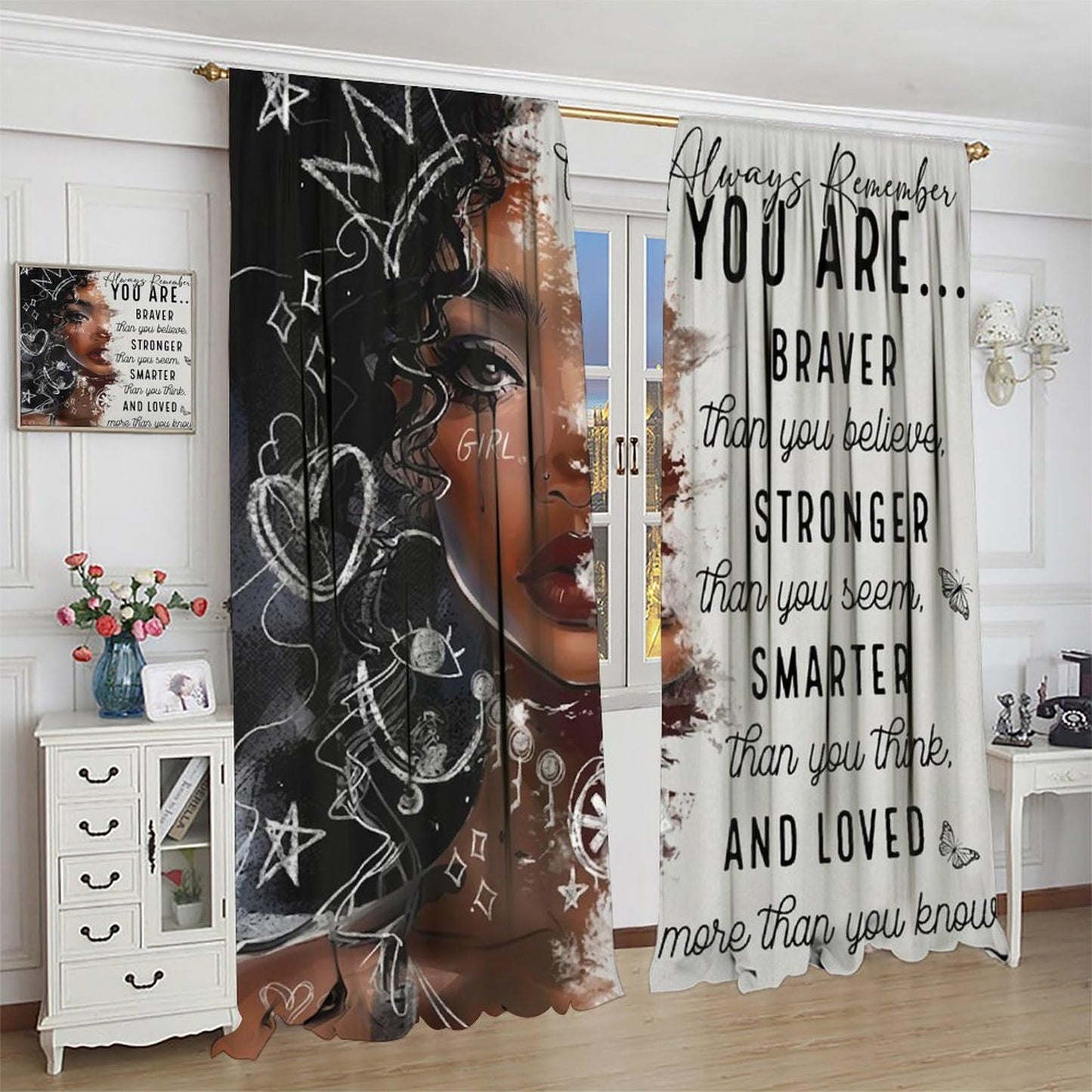 TFOSO African American Curtains,Black Girls Woman Funny Inspirational Quotes Home Decor Drape for Bedroom Living Room Kitchen Window Treatment 2 Panels Set Total Size 42" W X 45" L Inch