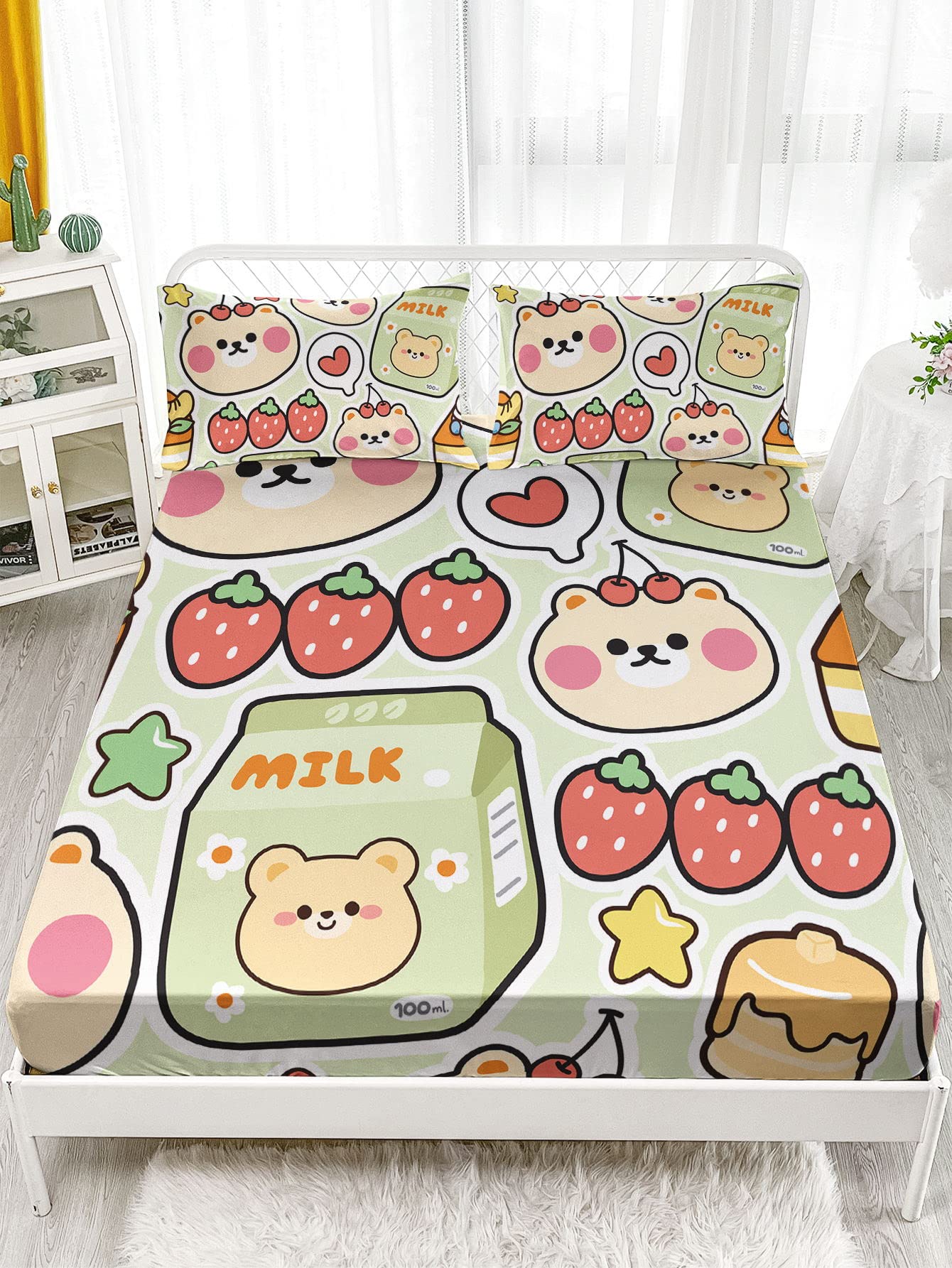 Datura home Kawaii Sheet Set 4Pcs Fitted and Flat Girls Strawberry Bear Printed with 1 + 2 Pillowcases(Kawaii Full), Full 81x97 inches
