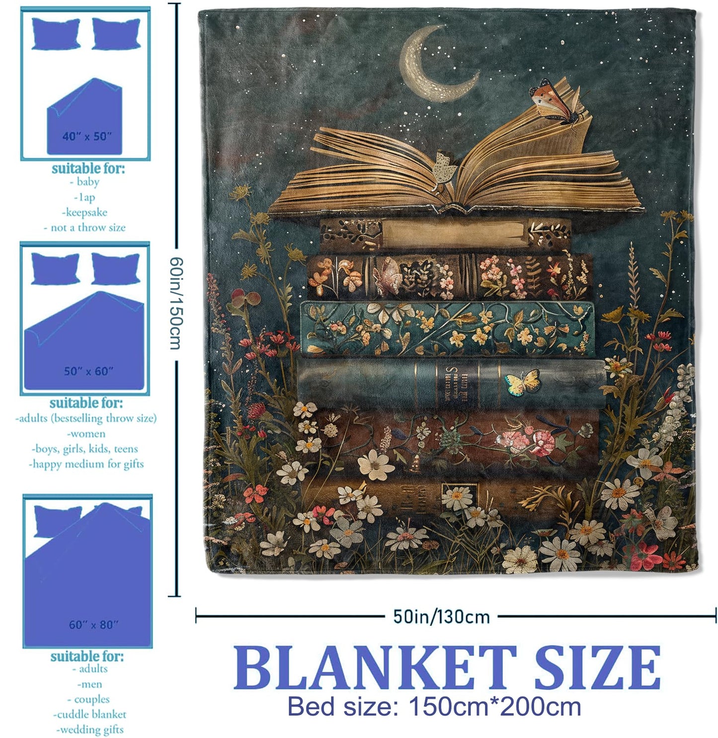 Plistiz Floral Book Stack Throw Blanket for Women Girls Boys, Soft Flannel Blankets Gifts for Living Room Couch, Home, Sofa Decor, 50"x60"