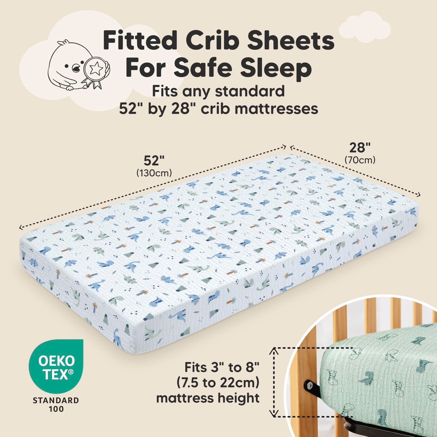 KeaBabies 2-Pack Muslin Crib Sheets for Boys, Girls - 100% Organic Cotton Fitted Baby Crib Mattress Sheet, Soft Breathable Standard Toddler Bed Cover Bedding Set, Neutral, Durable 52x28 (Dino Park)