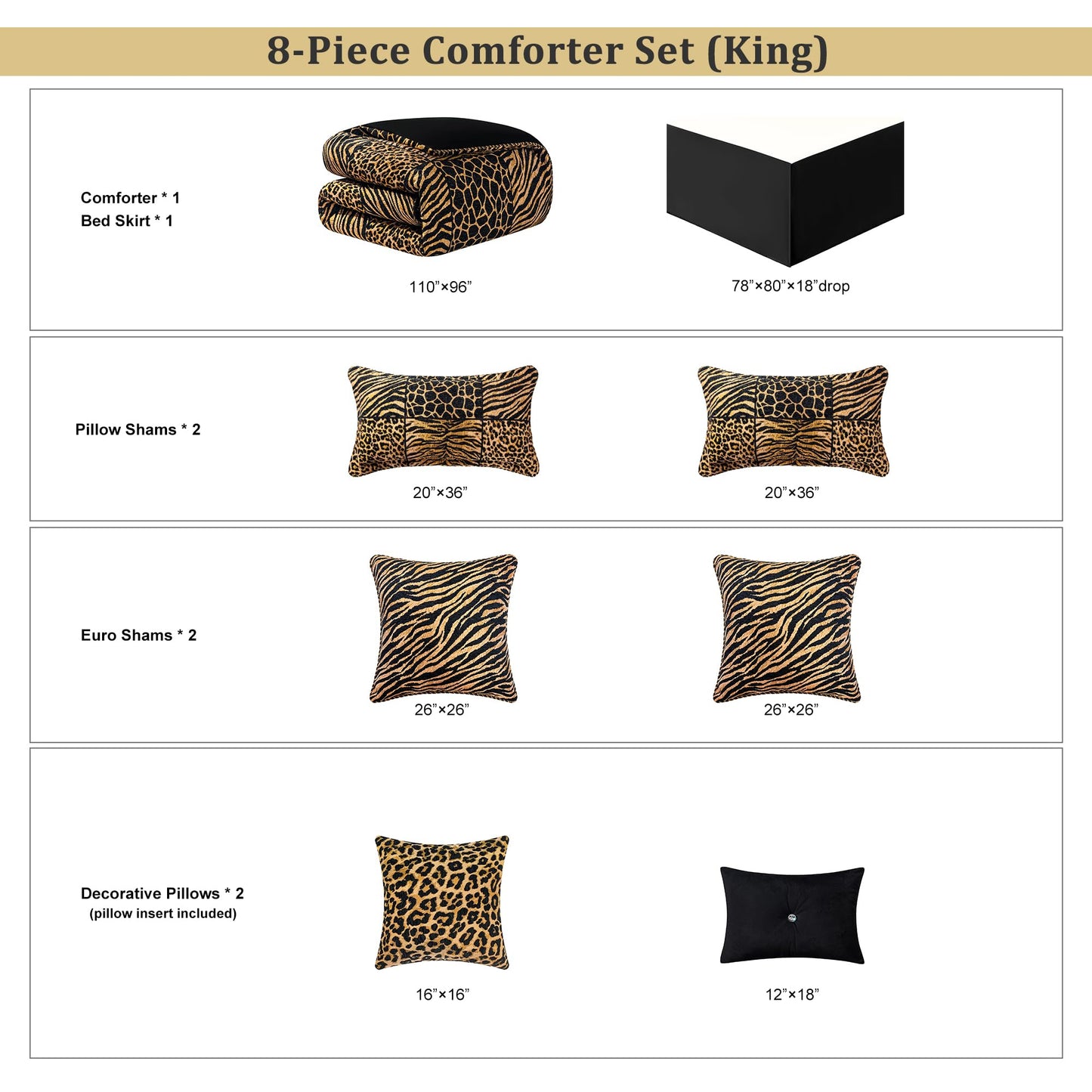 Loom and Mill 8-Piece Safari Comforter Set King Size, Leopard, Tiger, Giraffe, Zebra Animal Print Bedding Set, Patchwork Comforter with Bed Skirt, Euro Shams and Decorative Pillow(Black Gold, King)