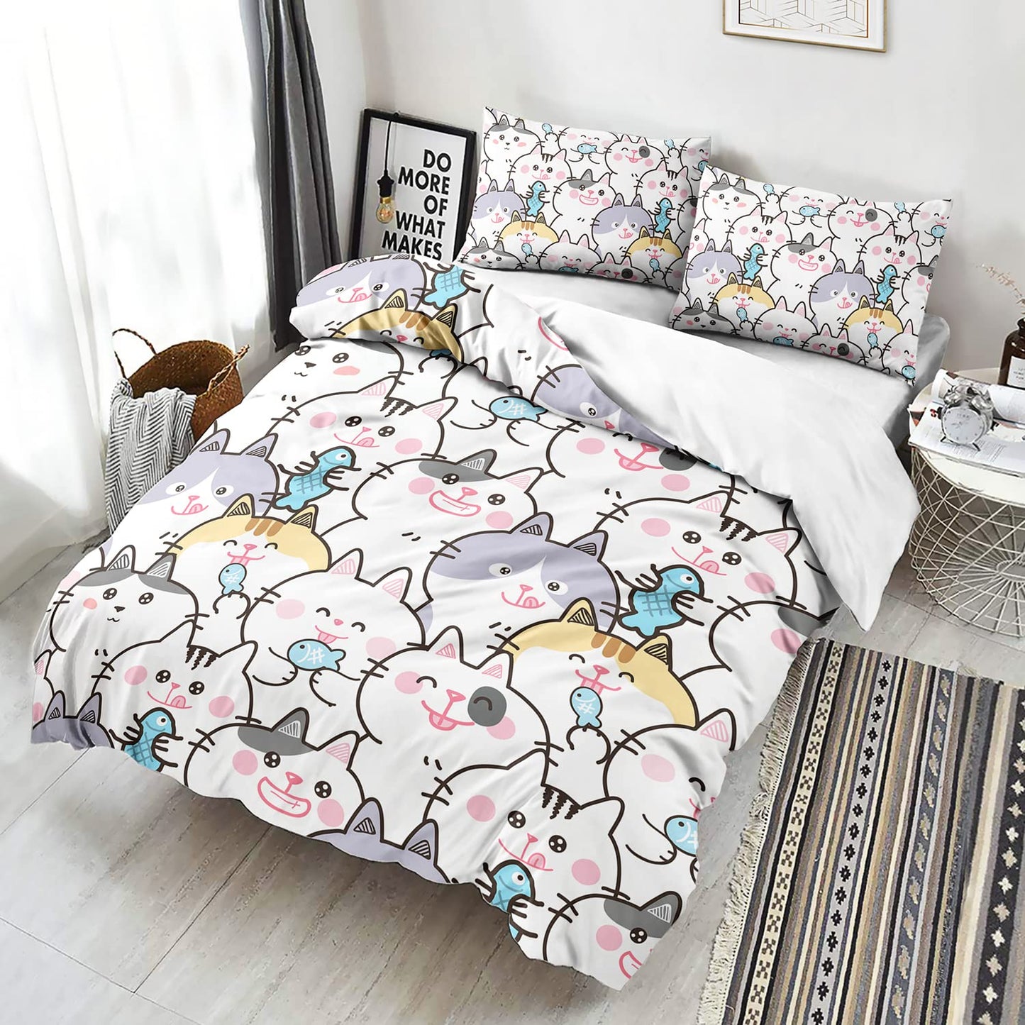 CVHOUSE Kawaii Bedding Queen Size,Kawaii Cat Bedding Set for Girls Kids Teens,Cute Cat Comforter Set Cover Soft,1 Duvet Cover 2 Pillowcases 3 Piece,Girl's Bedroom Kawaii Decor