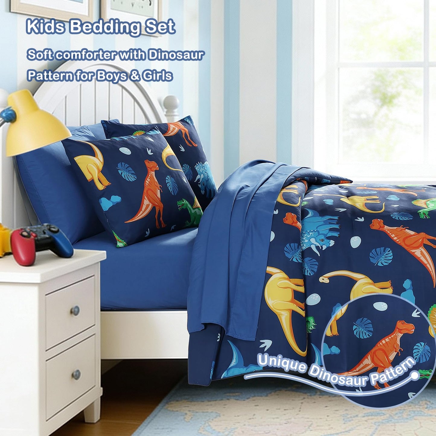 Kaleido Space Twin Comforter Set for Boys Kids - 5 Pieces Navy Dinasour Patterns Twin Bedding Sets for Boys Teen, Soft Cozy Bed in A Bag with Sheets