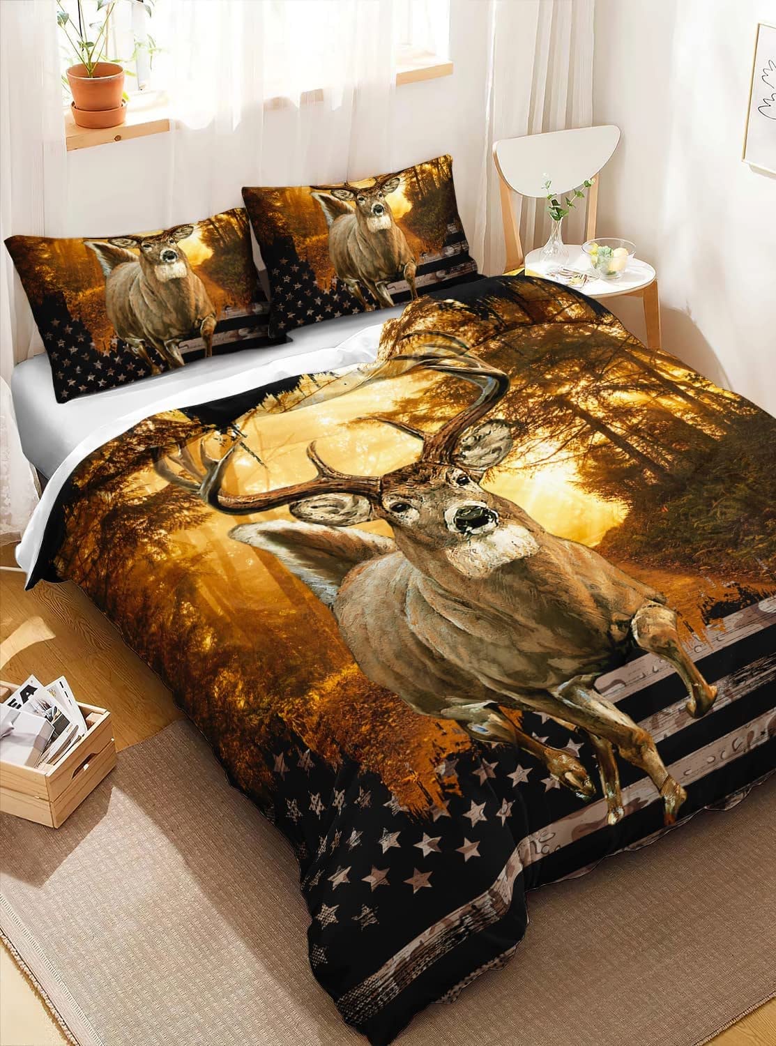 CVHOUSE Deer Hunting Duvet Cover Queen Size,American Flag Bedding Set,Deer Theme Comforter for Boys Kids Teens,1 2 Pillowcases 3 Piece Queen 89'x89'