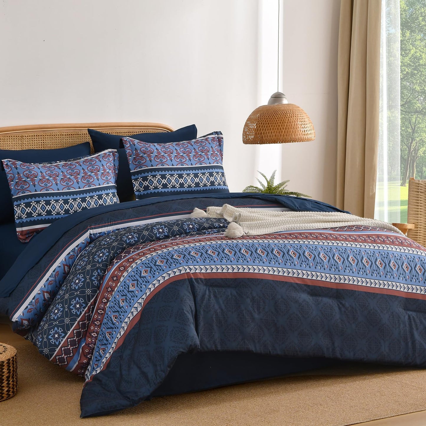 Boho Comforter Set Queen Size,7 Pieces Bohemian Comforter Bedding Set Bed in a Bag,Navy Blue Paisley Floral Comfortet and Sheet Set,Soft Striped Bedding Sets for All Season