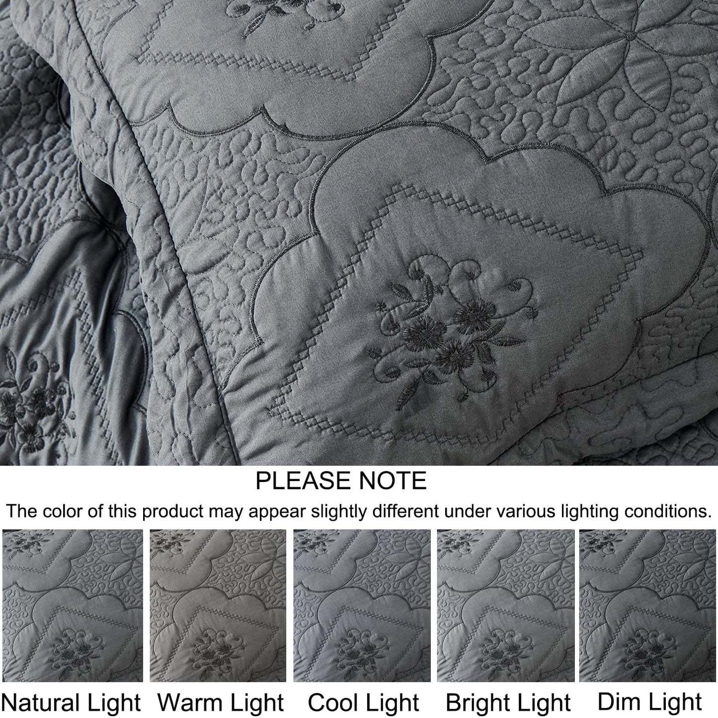 Cmfshape Floral Embroidery Quilt Set,3 Pieces Queen Quilt Bedding Set,Classic Diamond Pattern Quilts,Ultra Soft Lightweight Reversible Bedspread Coverlets for All Season(Grey,90"x90")
