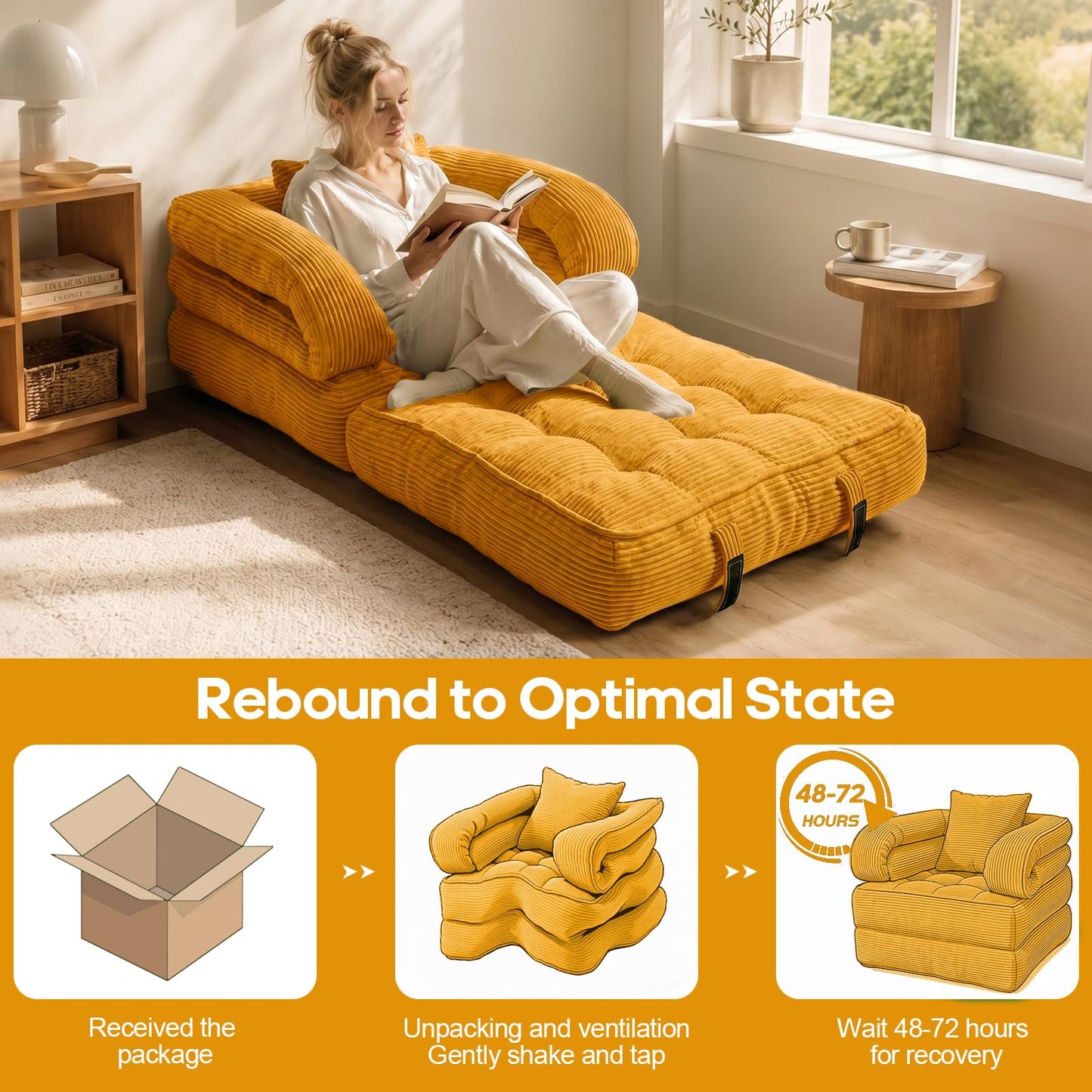 COTOSOF Folding Sofa Bed, Convertible Sleeper Chair with Armrests for Adults, Foldable Corduroy Boneless Bed, 3-in-1 Portable Futon Couch Floor Sofa with Pillow for Bedroom, Living Room, Orange