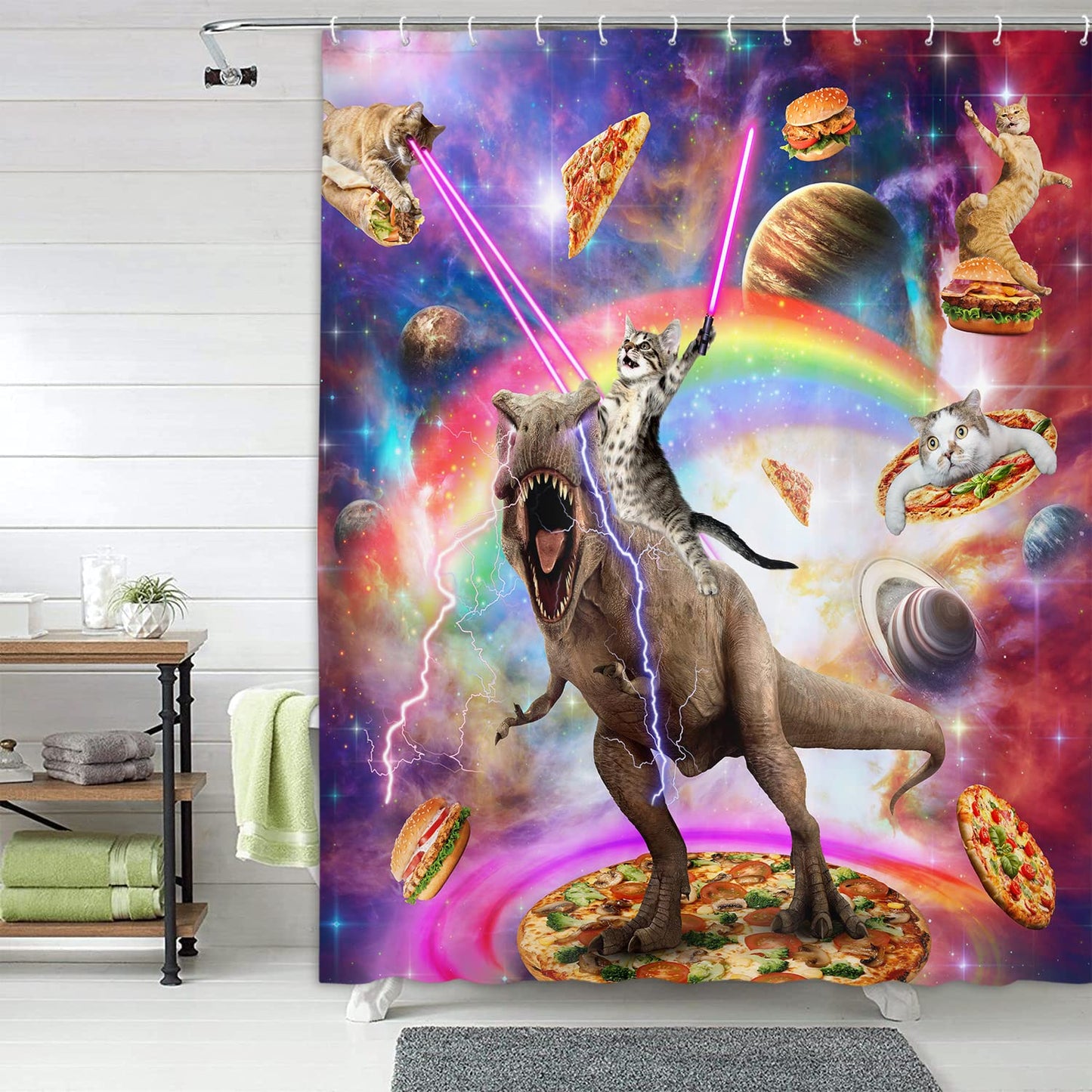 Funny Cat Shower Curtain - Cool Cat Riding Dinosaur on Galaxy Space - Cute Hilarious Anime Fabric Boys Girls Shower Curtain for Bathroom with 12PCS Hooks, 70X70IN
