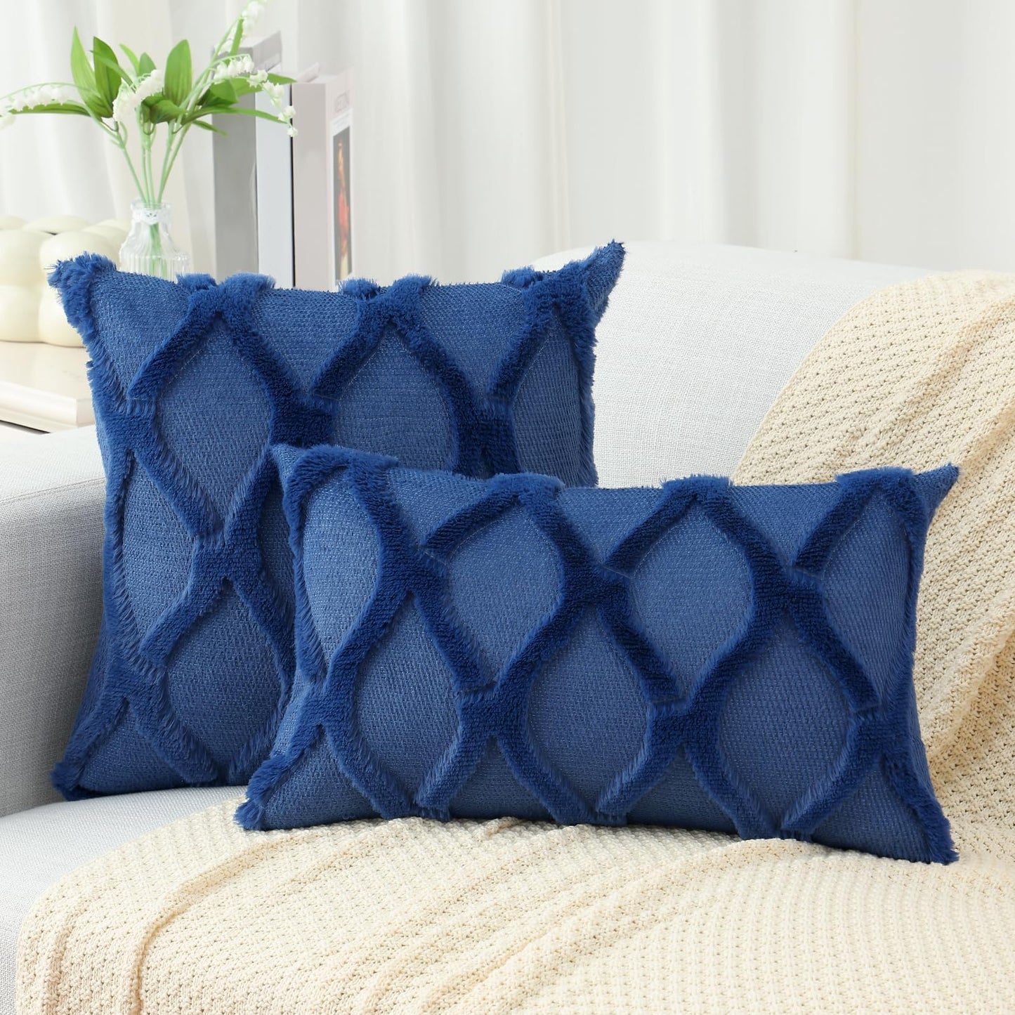 decorUhome Fall Throw Pillow Covers 18x18 Inch Set of 2, Soft Plush Faux Fur Wool Dark Blue Accent Couch Pillow Covers for Modern Farmhouse Bed Sofa Living Room