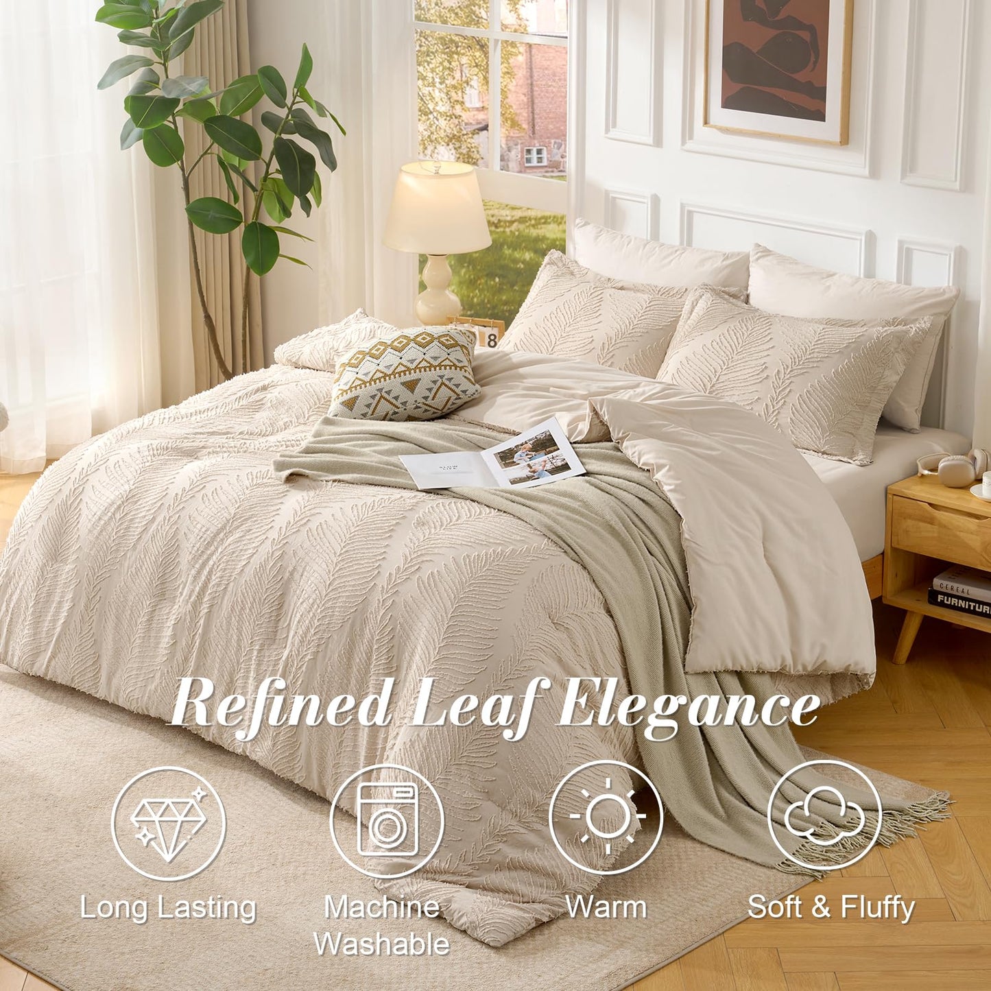 Jameswish 7 Pieces Tufted Boho Comforter Set Leaves Floral Khaki Farmhouse Shabby Chic Embroidered Bedding for All Seasons Queen Size with Comforter Sheets Pillowcases Shams