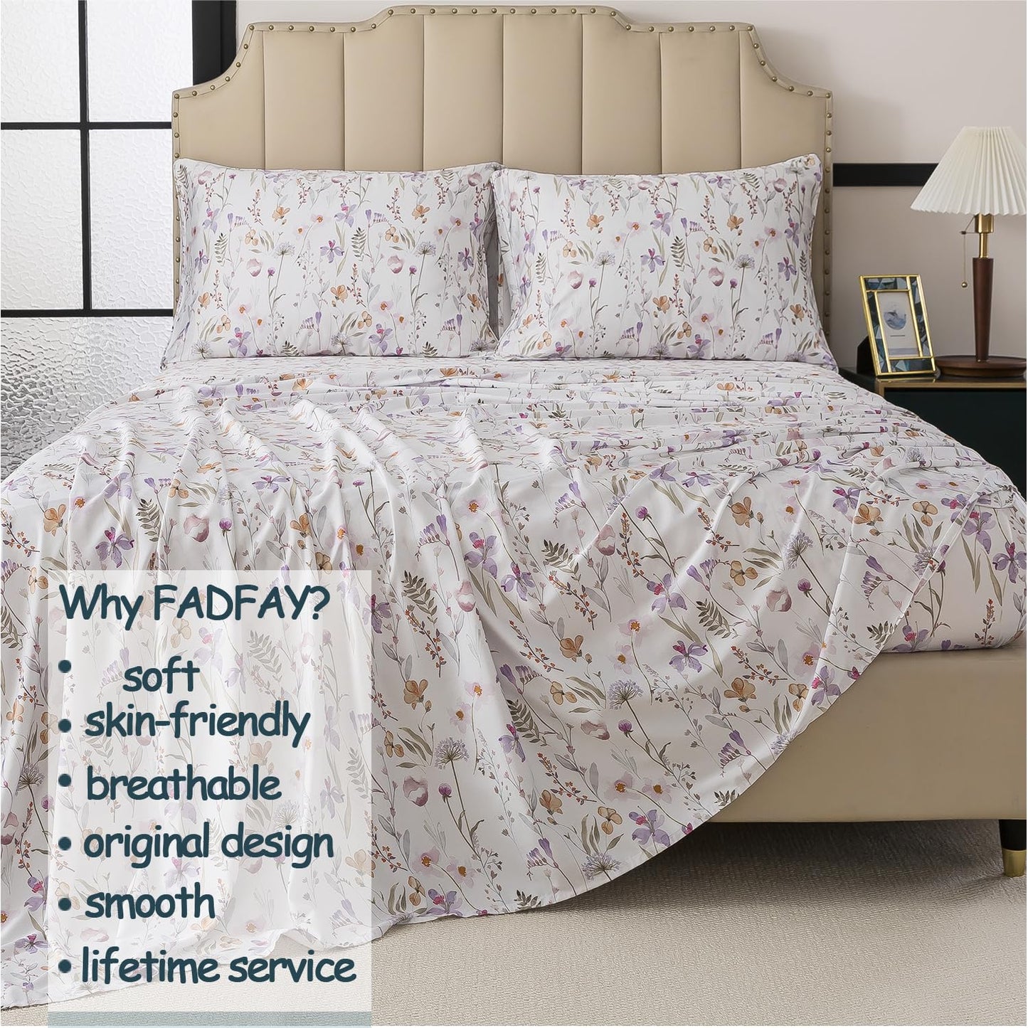 FADFAY Twin Size Sheet Set, 70% Viscose Derived from Bamboo, 30% Cotton 4 Pieces Country Style Lavender and Orange Floral Print Bedding, Deep Pocket Fitted Sheet