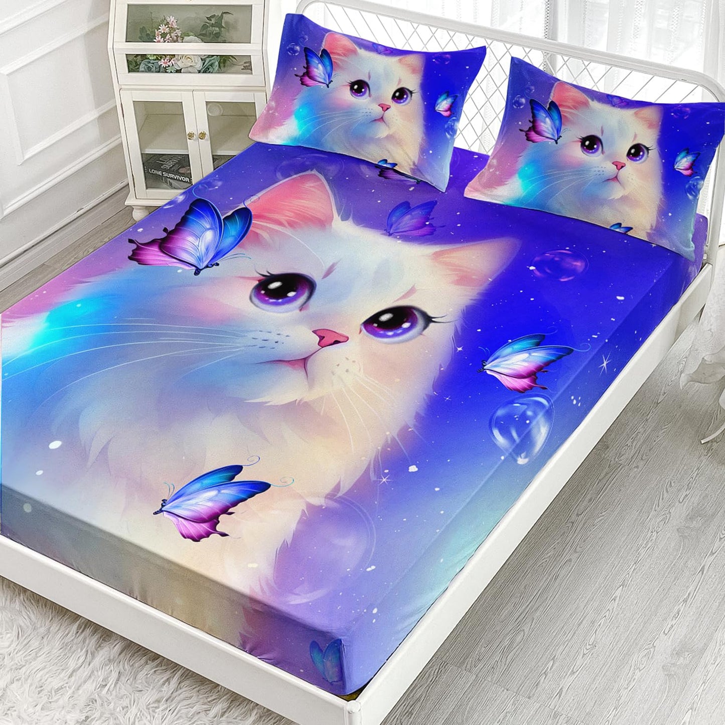 AILONEN Furry Cat Bed Sheet Twin Size, Cat & Butterflies Sheets for Kids Girls Animals Theme Dreamy Purple Bedding Set 3 Pieces Set, 1 Fitted Sheet and 2 Pillowcases