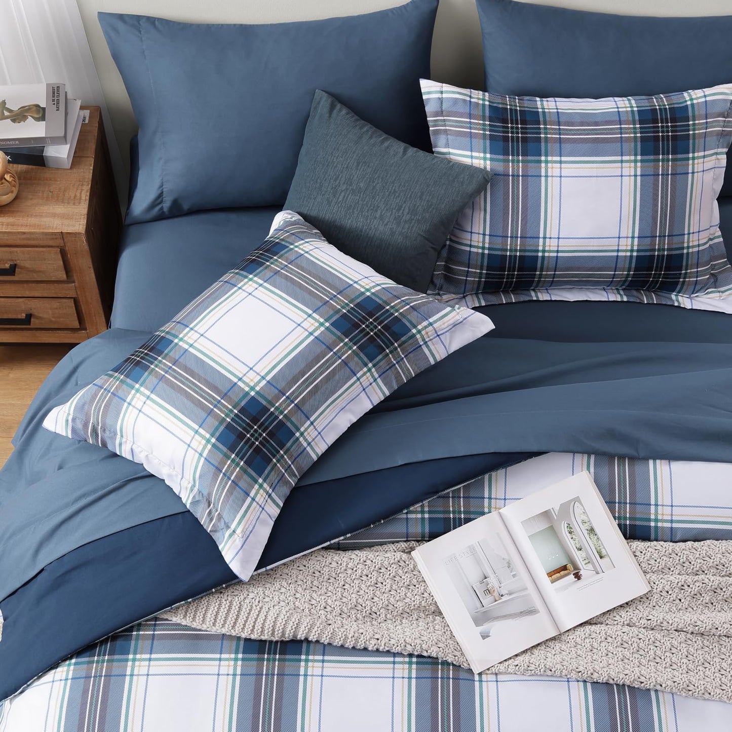 MaiRêve Queen Size Plaid Comforter Set Blue White, Classic 7 Pieces Farmhouse Bedding Set, All Season Lightweight Bed in A Bag with Sheets, Pillowcases & Shams