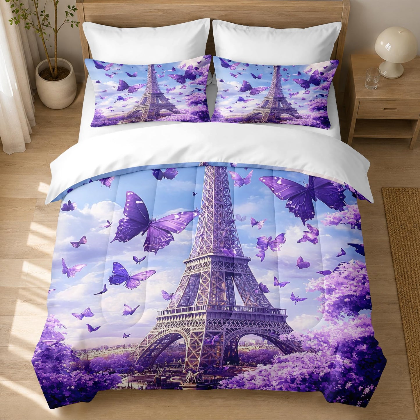 CCoutueChen Kids Twin Paris Bedding Set, Purple Butterfly Floral Comforter Set for Girls, Romantic Warm Microfiber Comforter with 1 Pillowcase, 68"x86"