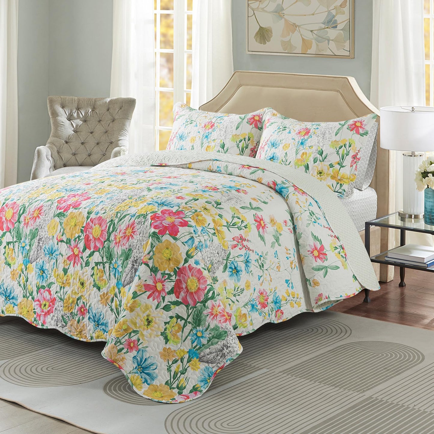 Travan Floral Quilt King Quilt Bedding Set, Ultra Soft Reversible Microfiber King Size Quilt Set with 1 Quilt Set and 2 Shams Yellow Flower Coverlet Set for All Season, Coreopsis-Yellow